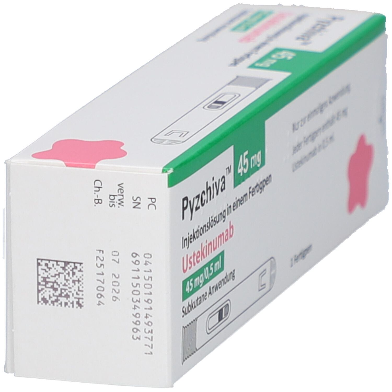 Schachtel PYZCHIVA 45 mg. Grün-weiße Verpackung mit Produktinformationen und einem QR-Code. Seitenansicht.