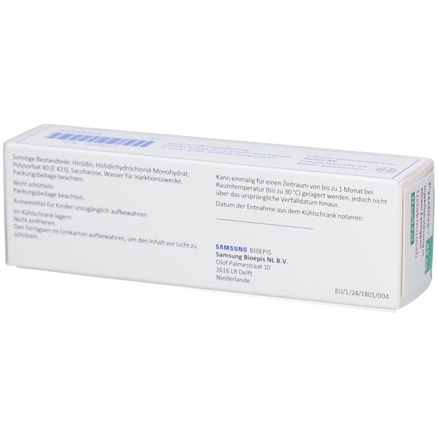 Rückseite der PYZCHIVA 45 mg Verpackung. Textinformationen in deutscher Sprache. Herstellerinformationen.