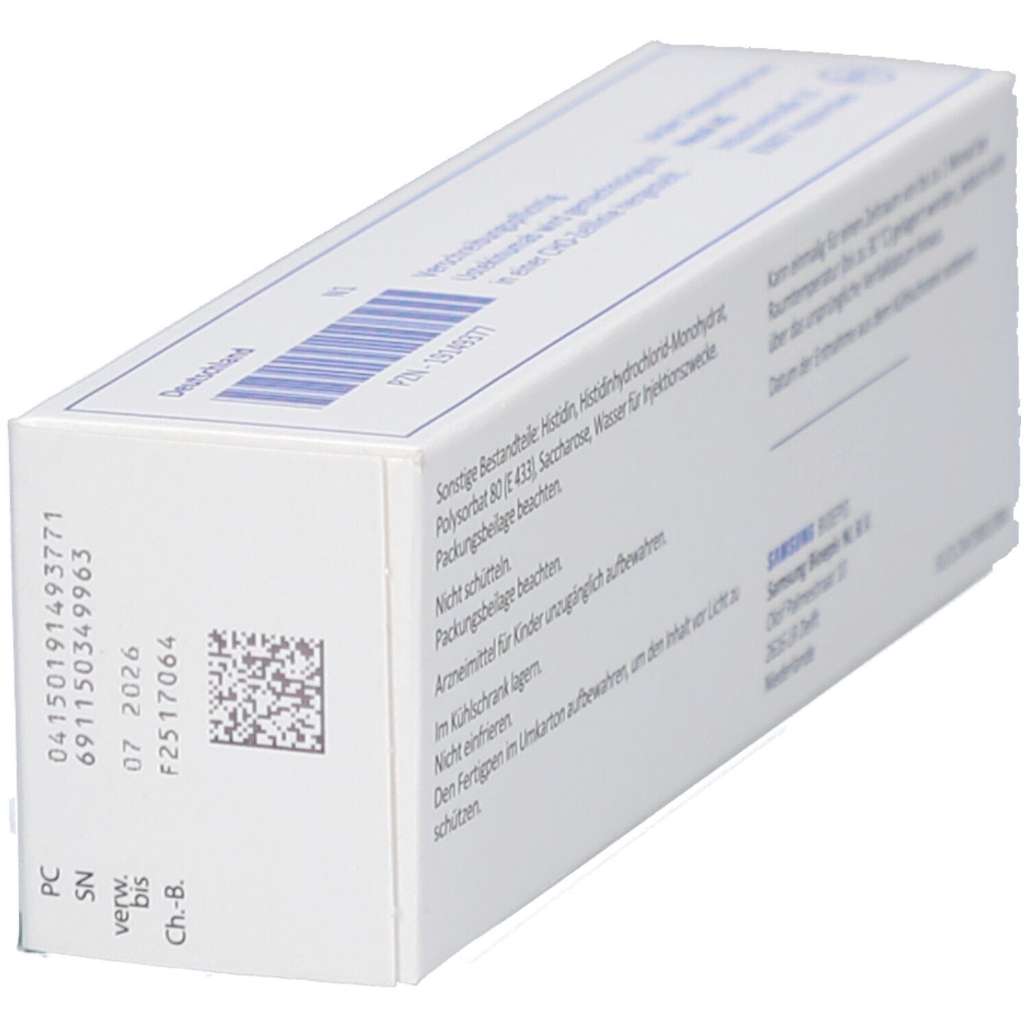 Rückseite der PYZCHIVA 45 mg Verpackung. Textinformationen und QR-Code. Herstellerinformationen.