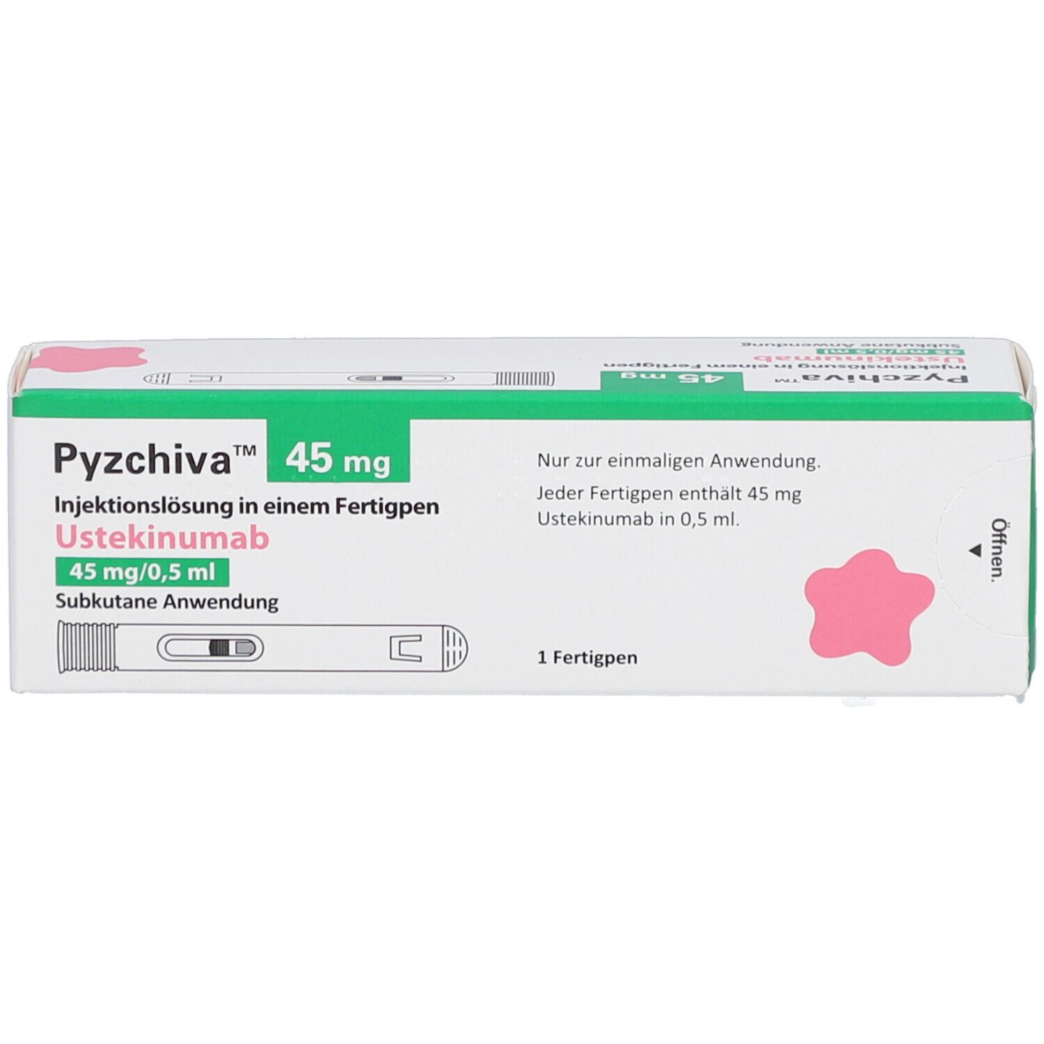 PYZCHIVA 45 mg Verpackung. Grün-weiße Schachtel mit Produktnamen und Dosierung. Fertigpen-Abbildung.