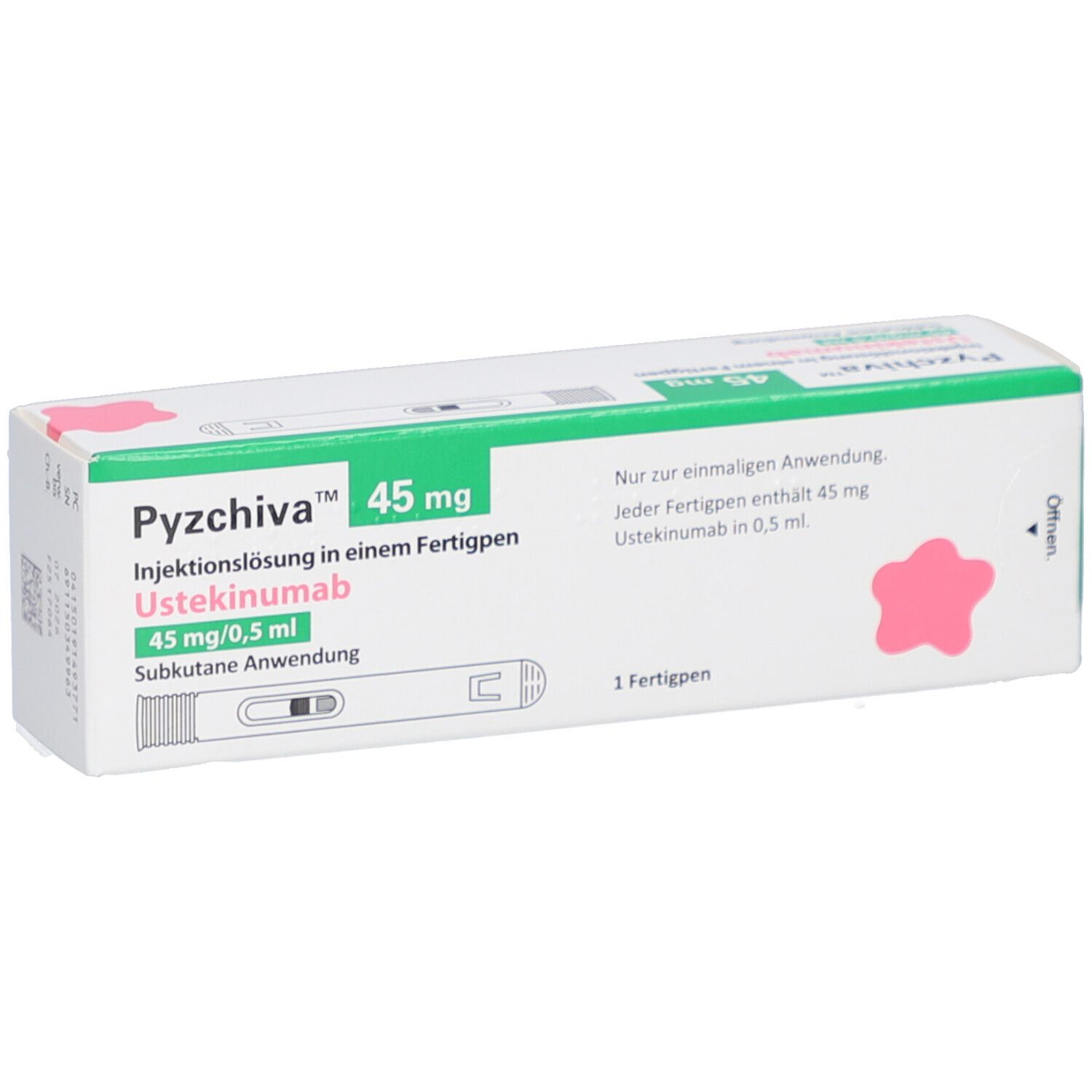 PYZCHIVA 45 mg Verpackung. Grün-weiße Schachtel mit Produktnamen und Dosierung. Fertigpen-Abbildung.