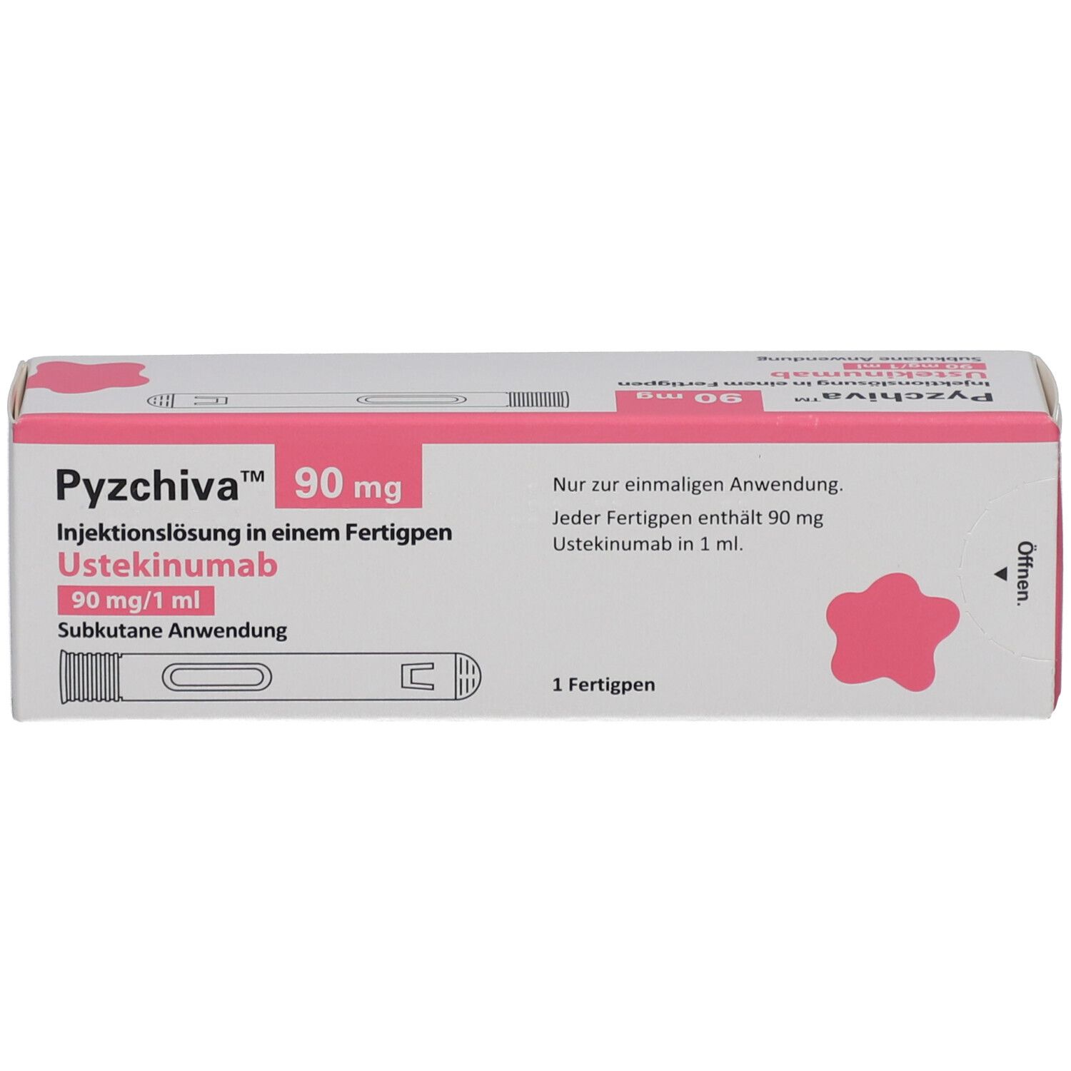 PYZCHIVA 90 mg Injektionslösung in einem Fertigpen. Weiße Verpackung mit rosa Akzenten. Produktname und Dosierung deutlich sichtbar.