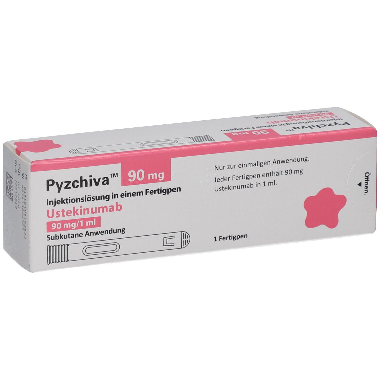 PYZCHIVA 90 mg Injektionslösung in einem Fertigpen. Weiße Verpackung mit rosa Akzenten. Produktname und Dosierung deutlich sichtbar.