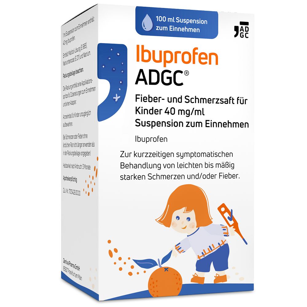 Ibuprofen ADGC® Fieber- und Schmerzsaft für Kinder. Verpackung mit Produktinformationen und Illustration.