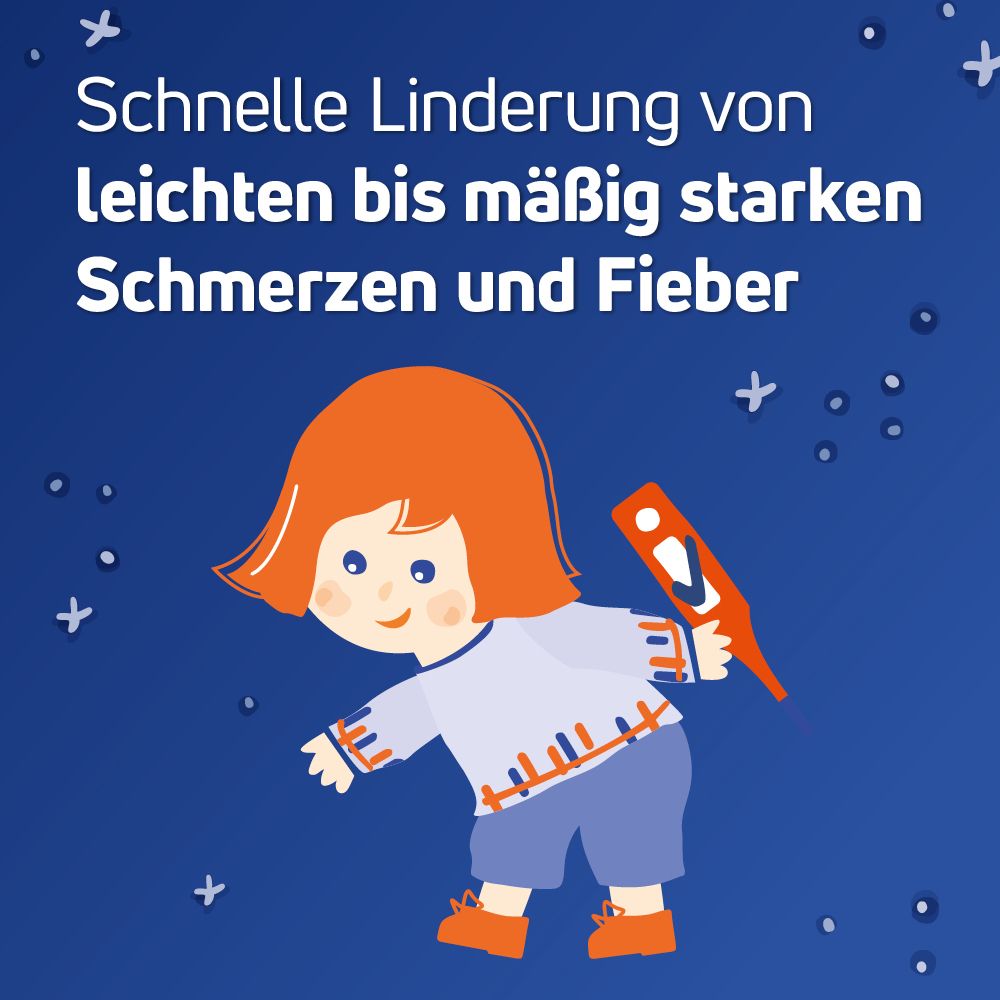 Illustration eines Kindes mit Fieberthermometer. Text: Schnelle Linderung von Schmerzen und Fieber.