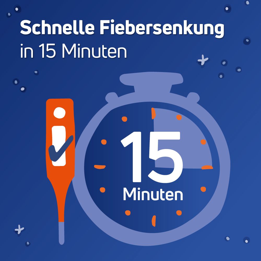 Illustration mit Thermometer und Uhr. Text: Schnelle Fiebersenkung in 15 Minuten.