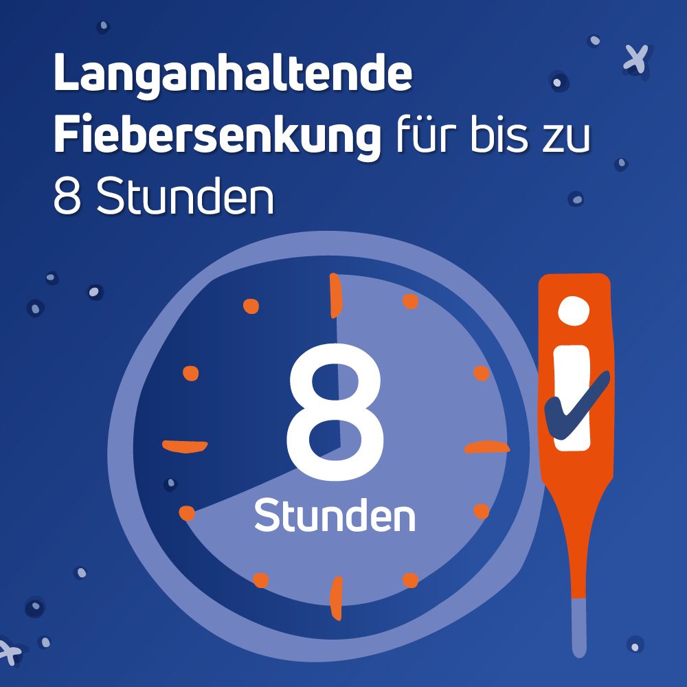 Illustration mit Uhr und Thermometer. Text: Langanhaltende Fiebersenkung für bis zu 8 Stunden.