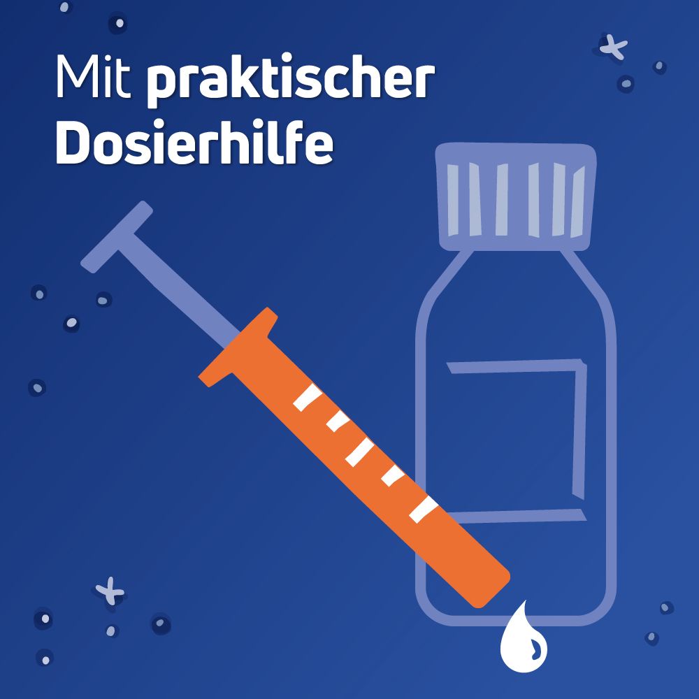 Illustration einer Dosierspritze und Flasche. Text: Mit praktischer Dosierhilfe.