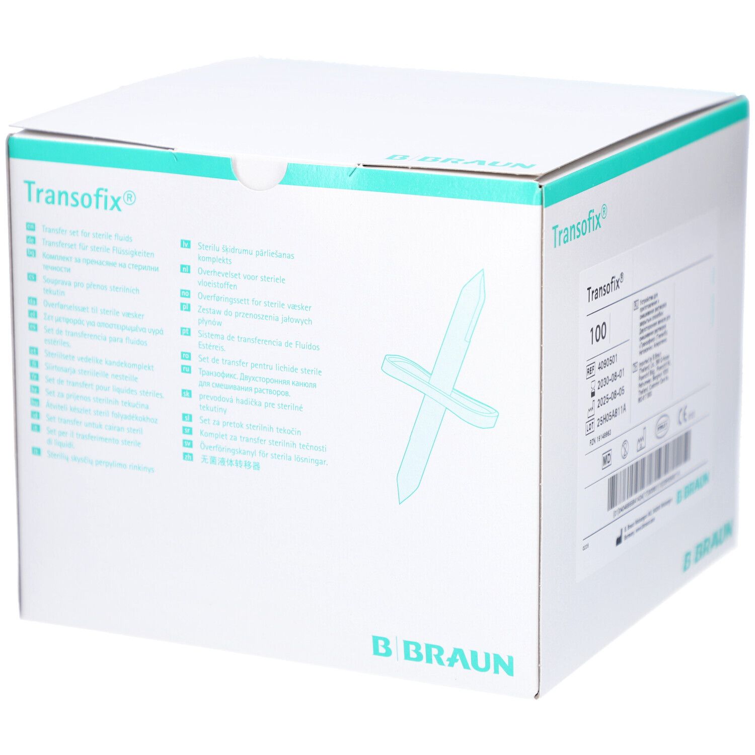 Karton mit Aufdrucken. Aufschrift "Transofix" und "B. Braun". Illustration eines Kreuzes.