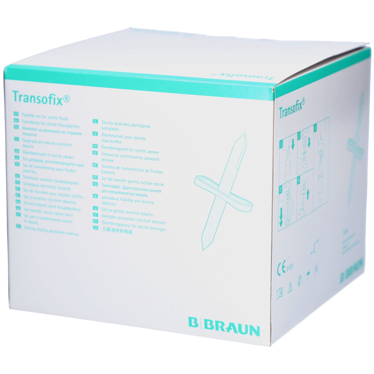 Karton mit Aufdrucken. Aufschrift "Transofix" und "B. Braun". Illustration eines Kreuzes und Piktogramme.