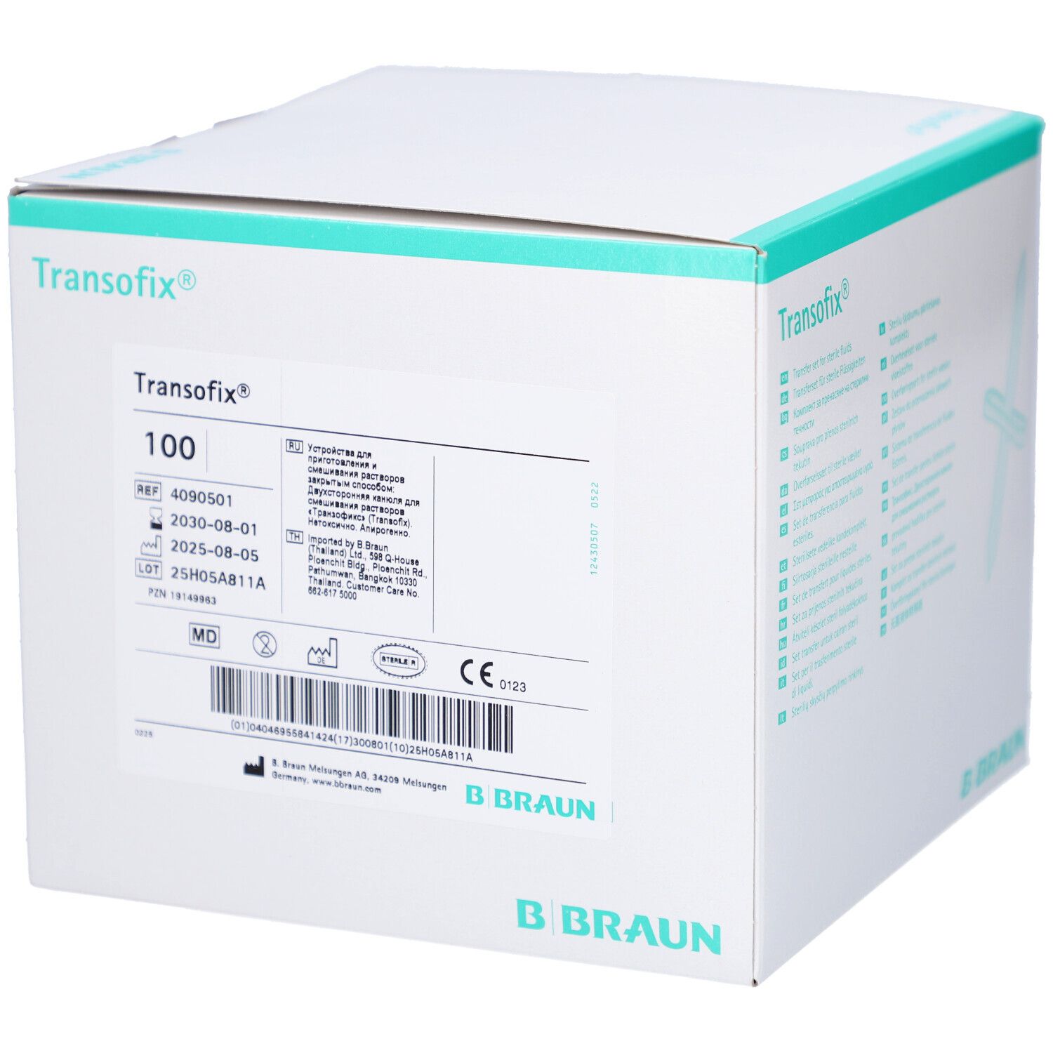 Karton mit Aufdrucken. Aufschrift "Transofix" und "B. Braun". Text mit Produktinformationen und Barcode.