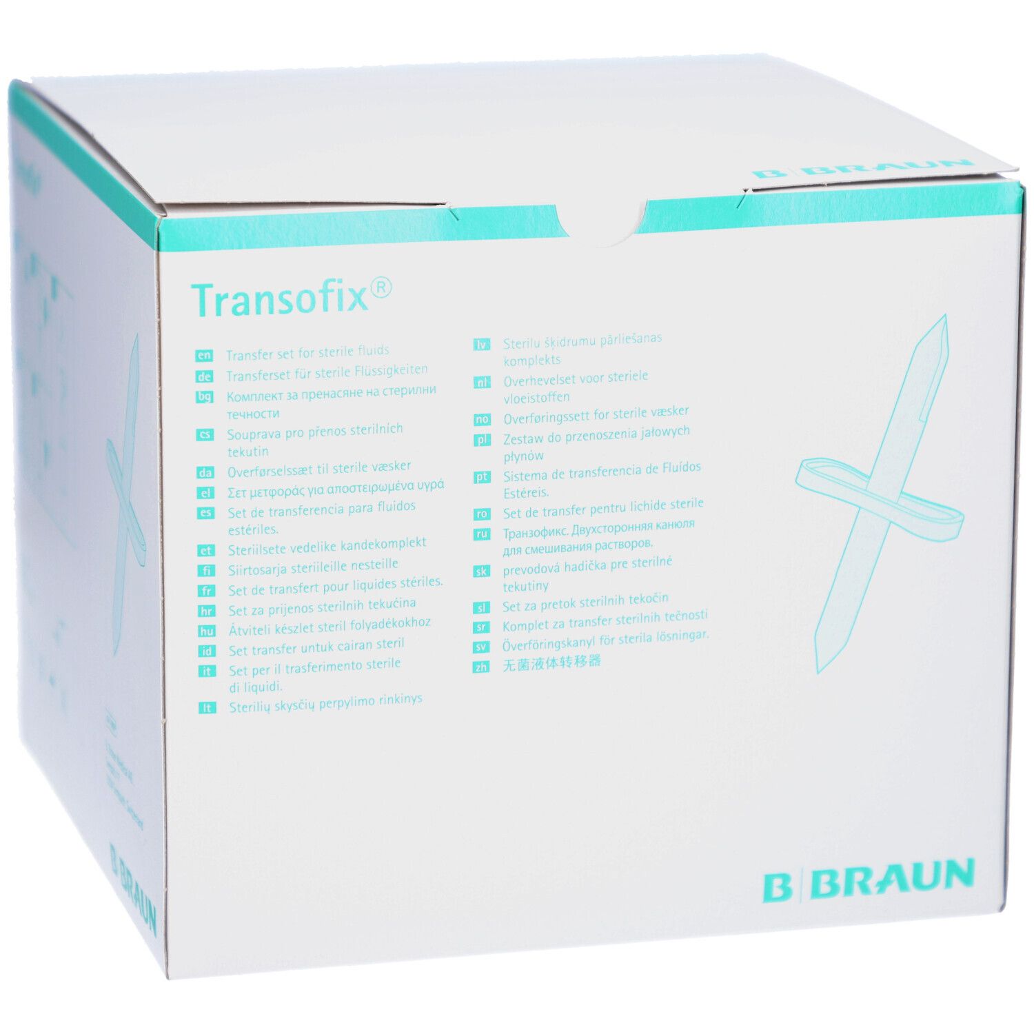 Karton mit Aufdrucken. Aufschrift "Transofix" und "B. Braun". Text in verschiedenen Sprachen und Illustration.