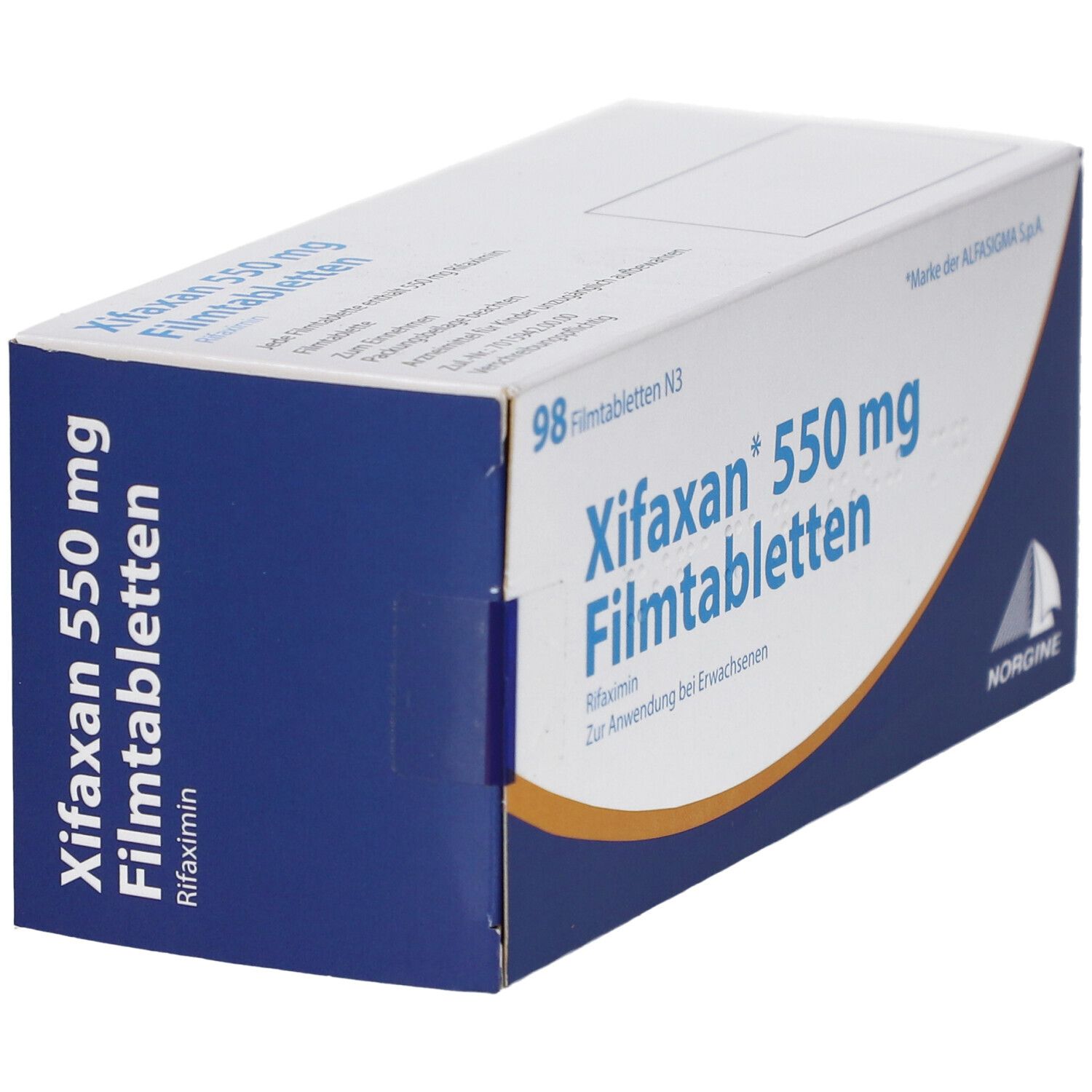 Verpackung von XIFAXAN 550 mg Filmtabletten. Blaue und weiße Schachtel mit Produktnamen und Logo.