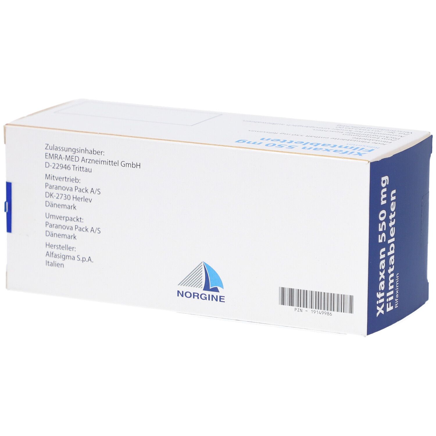 Rückseite der XIFAXAN 550 mg Filmtabletten-Verpackung. Weiße Schachtel mit Text und Logo.
