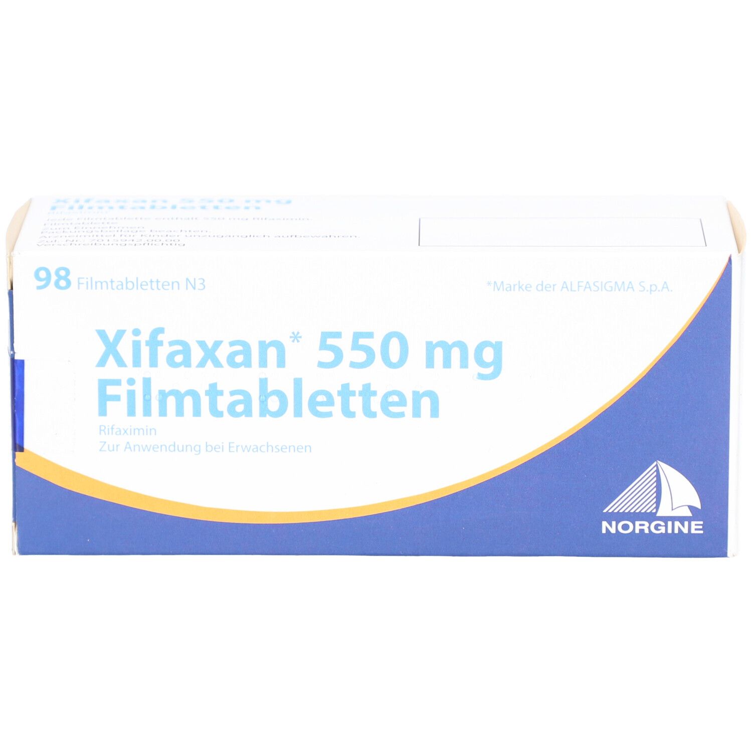 Schachtel mit XIFAXAN 550 mg Filmtabletten. Blaue und gelbe Verpackung mit Produktnamen und Logo.