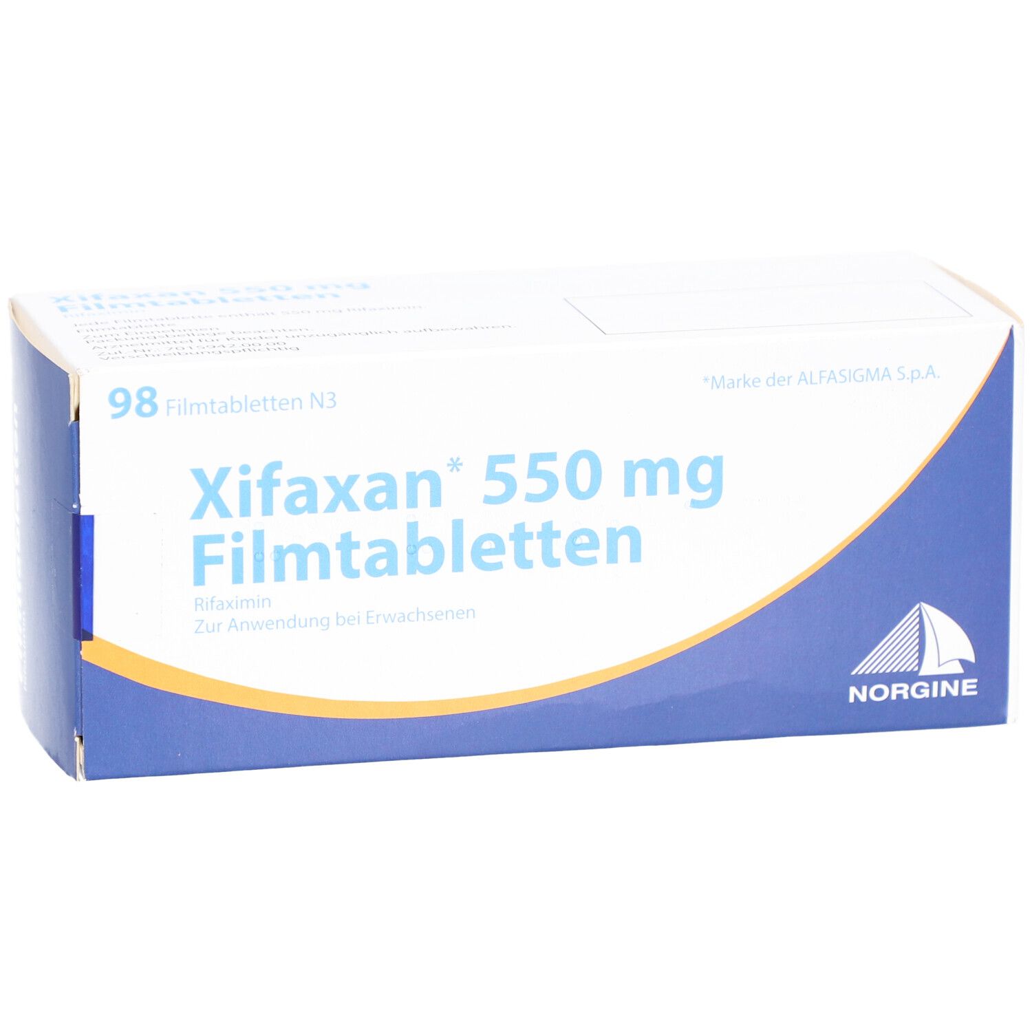 Verpackung von XIFAXAN 550 mg Filmtabletten. Blaue und weiße Schachtel mit Produktnamen und Logo.