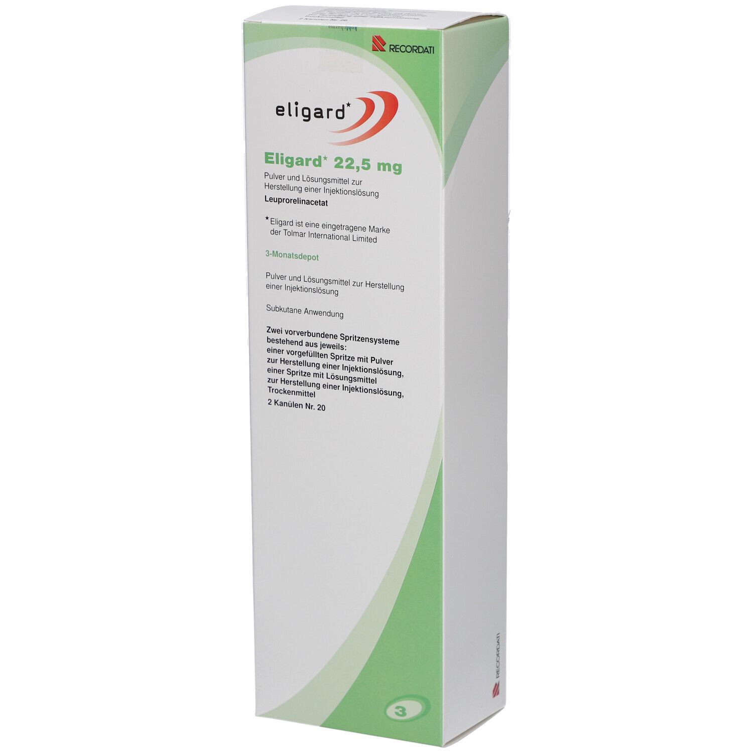 Verpackung von ELIGARD 22,5 mg. Weißer Karton mit grünen Akzenten. Produktname und Dosierung deutlich sichtbar. Enthält zwei Spritzensysteme.