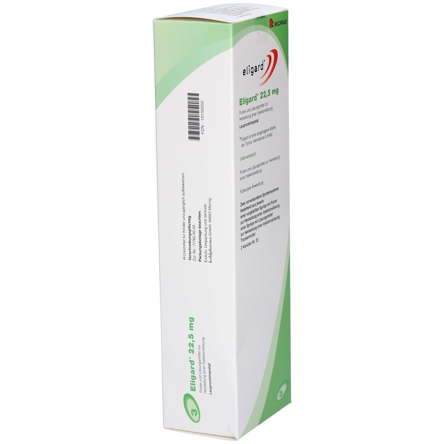 Seitenansicht der ELIGARD 22,5 mg Verpackung. Weißer Karton mit grünen Details. Barcode und Produktinformationen sind sichtbar.