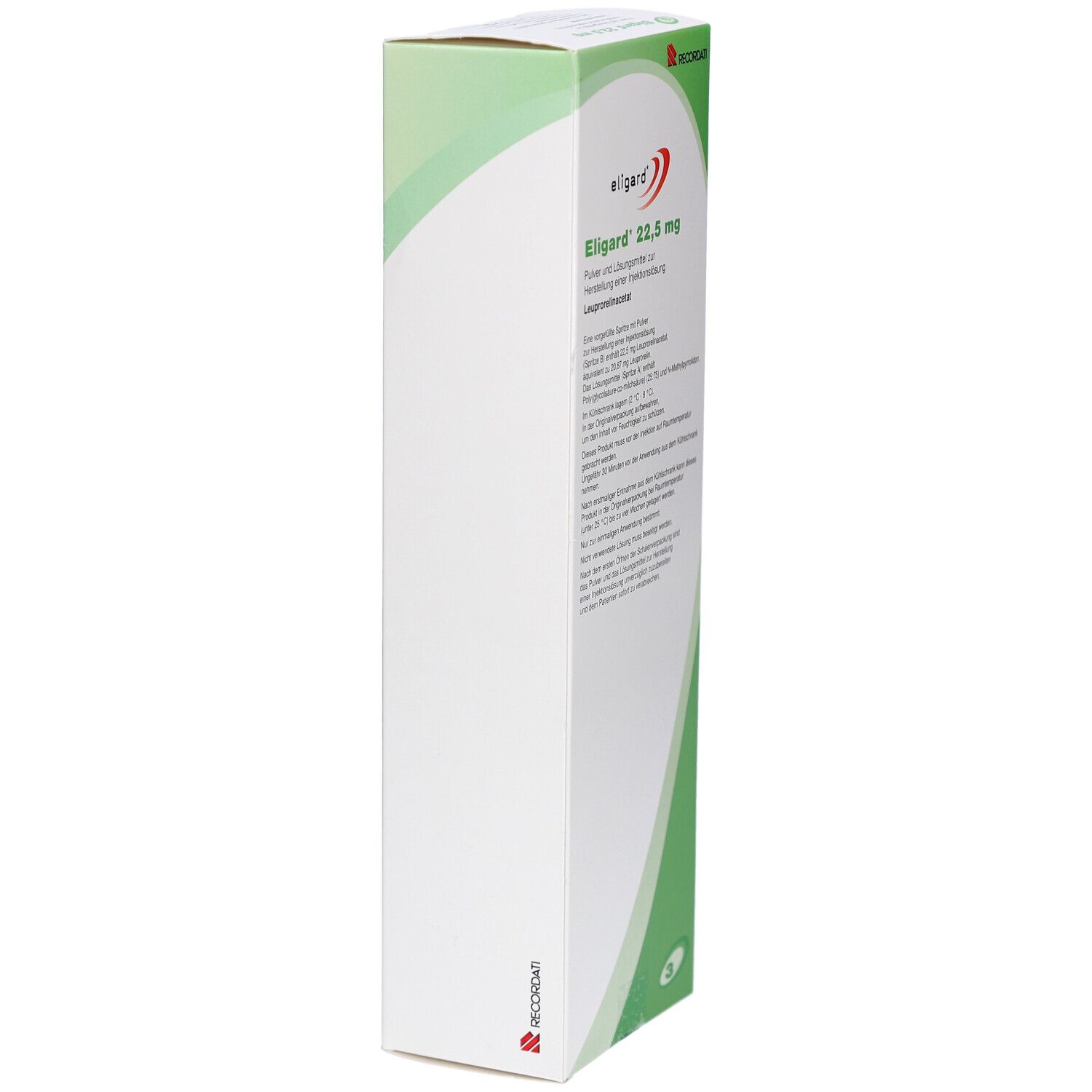 Seitenansicht der ELIGARD 22,5 mg Verpackung. Weißer Karton mit grünen Details. Produktinformationen und Logo sichtbar.