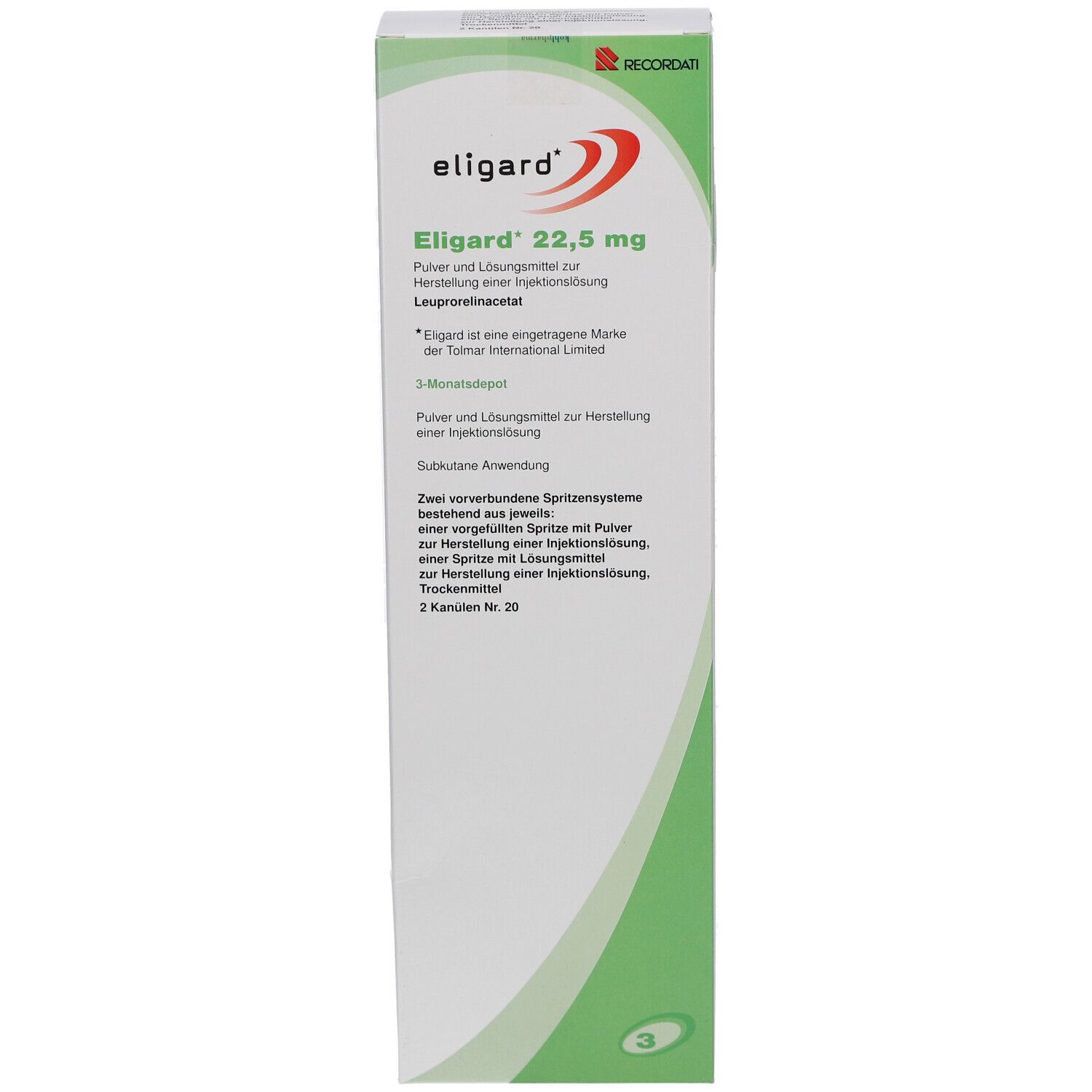 Vorderansicht der ELIGARD 22,5 mg Verpackung. Weißer Karton mit grünen Akzenten. Produktname und Dosierung deutlich sichtbar.