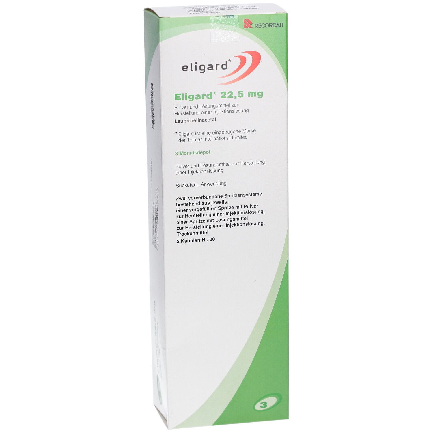 Vorderansicht der ELIGARD 22,5 mg Verpackung. Weißer Karton mit grünen Akzenten. Produktname und Dosierung deutlich sichtbar.