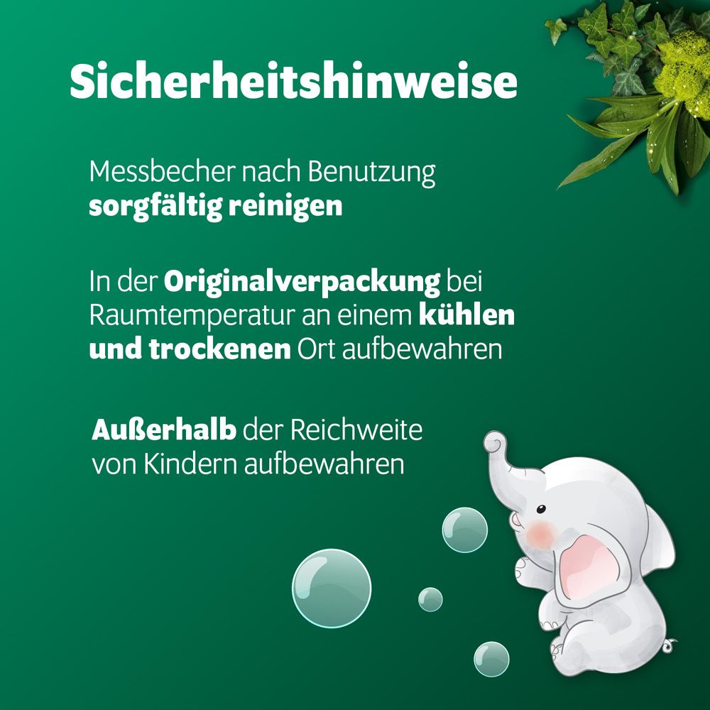 Sicherheitshinweise für Fortolino Hustensirup. Reinigung des Messbechers, Aufbewahrung bei Raumtemperatur, außerhalb der Reichweite von Kindern.