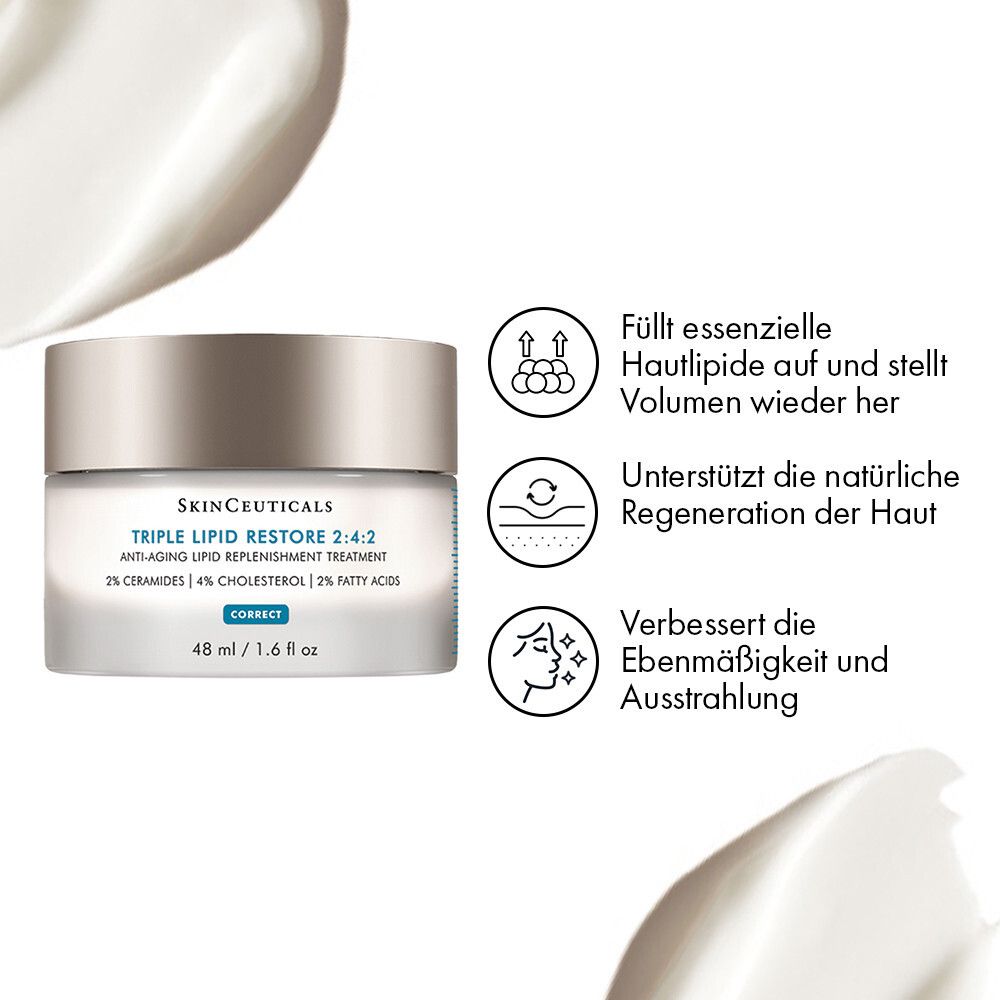 Creme-Tiegel mit Deckel. SkinCeuticals TRIPLE LIPID RESTORE 2:4:2. Text und Icons. Creme-Textur.