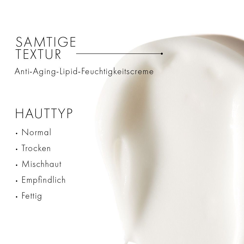 Nahaufnahme Creme-Textur. Text: Samtige Textur, Anti-Aging-Lipid-Feuchtigkeitscreme. Hauttyp-Liste.
