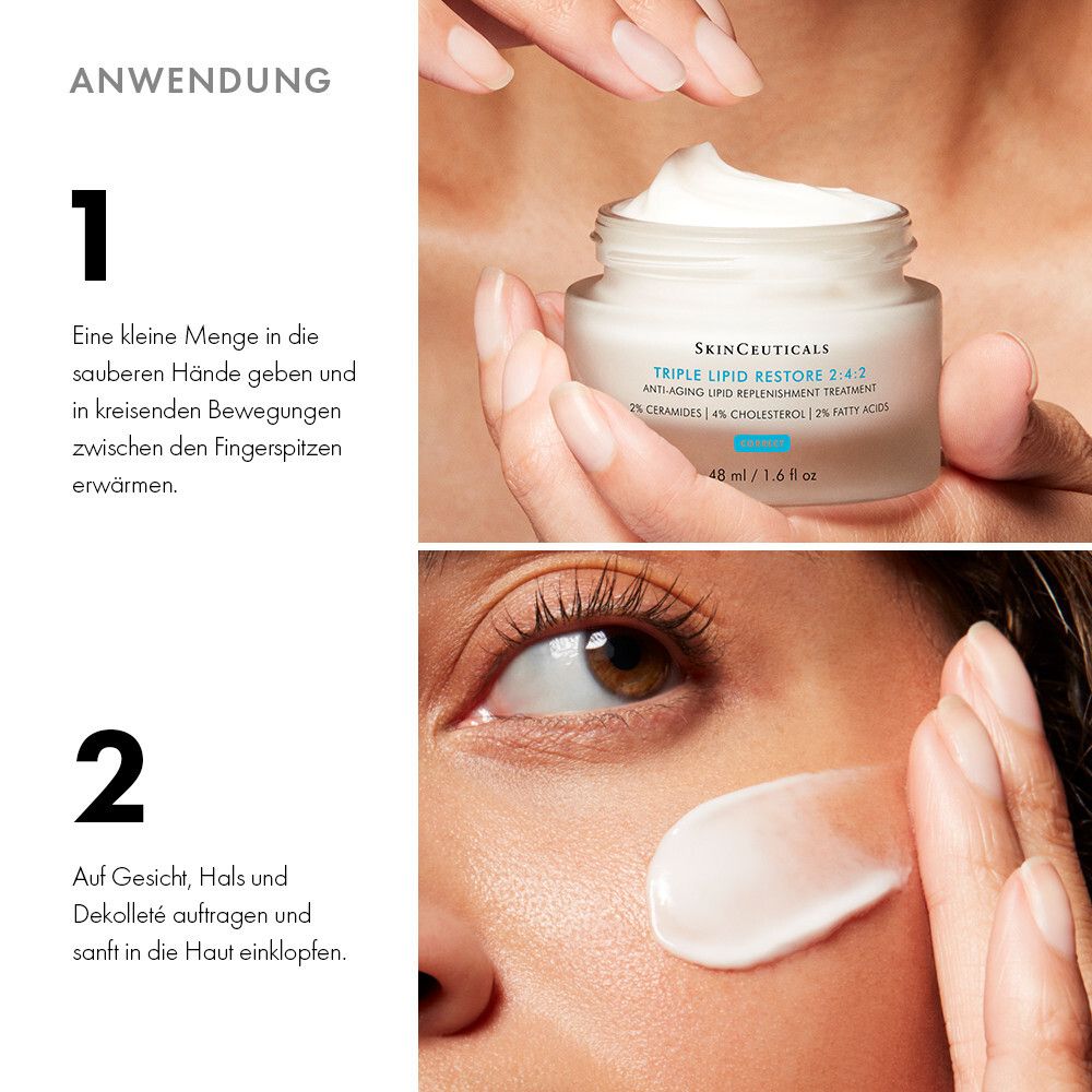 Anwendungsschritte. Hände mit Creme. Gesicht mit Creme. SkinCeuticals TRIPLE LIPID RESTORE 2:4:2.