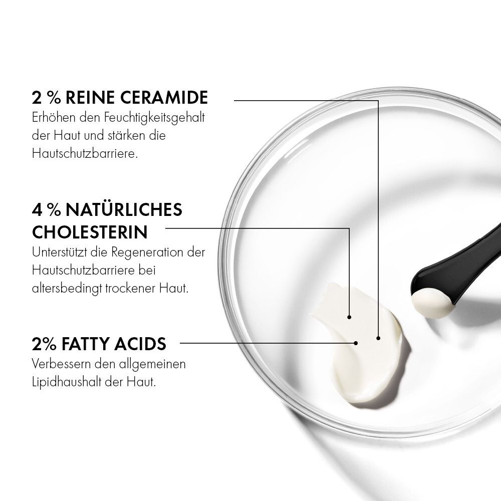 Inhaltsstoffe in Petrischale. 2% reine Ceramide, 4% natürliches Cholesterin, 2% Fettsäuren. Schwarzer Spatel.