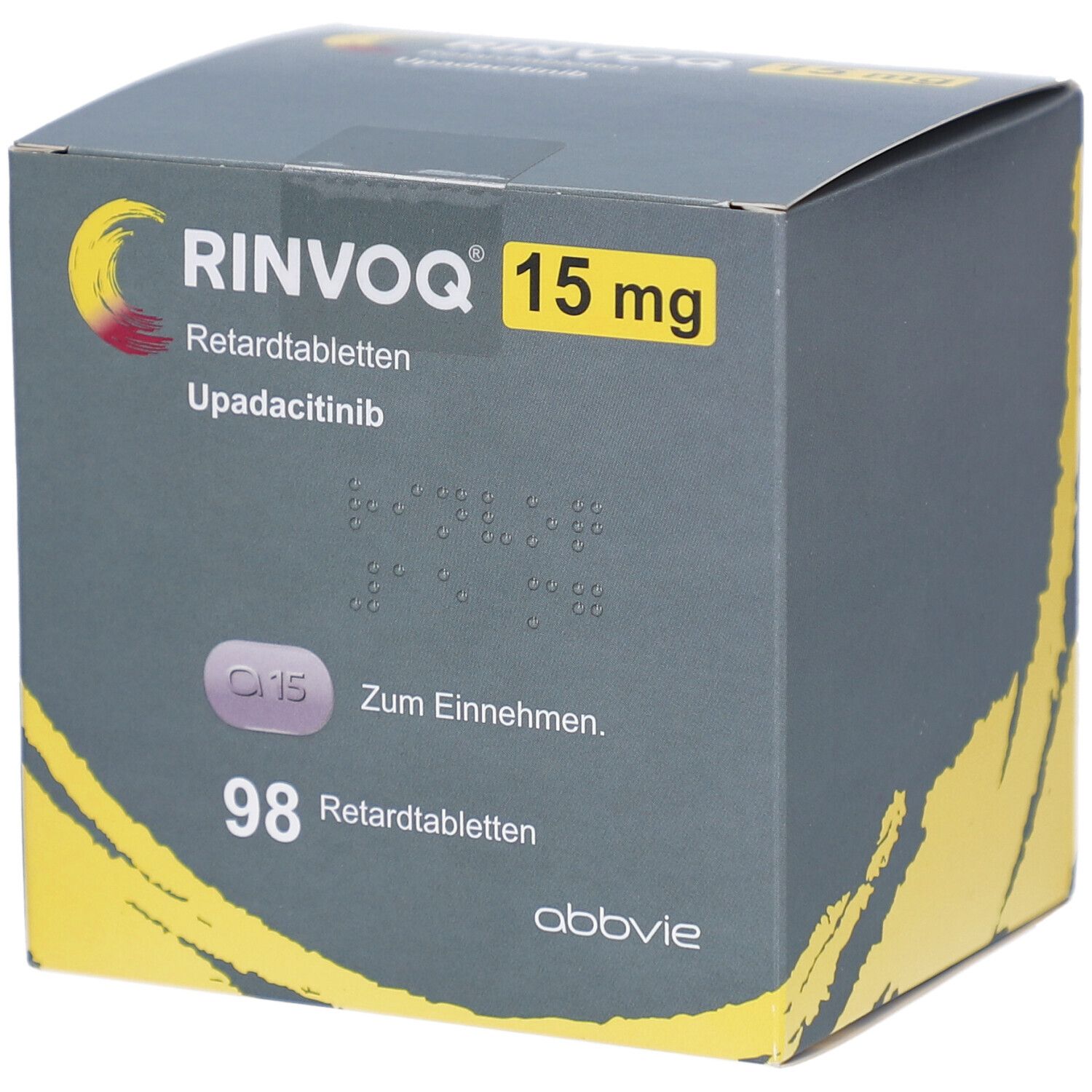 RINVOQ 15 mg Retardtabletten mit 98 Tabletten pro Packung. Enthält Upadacitinib.