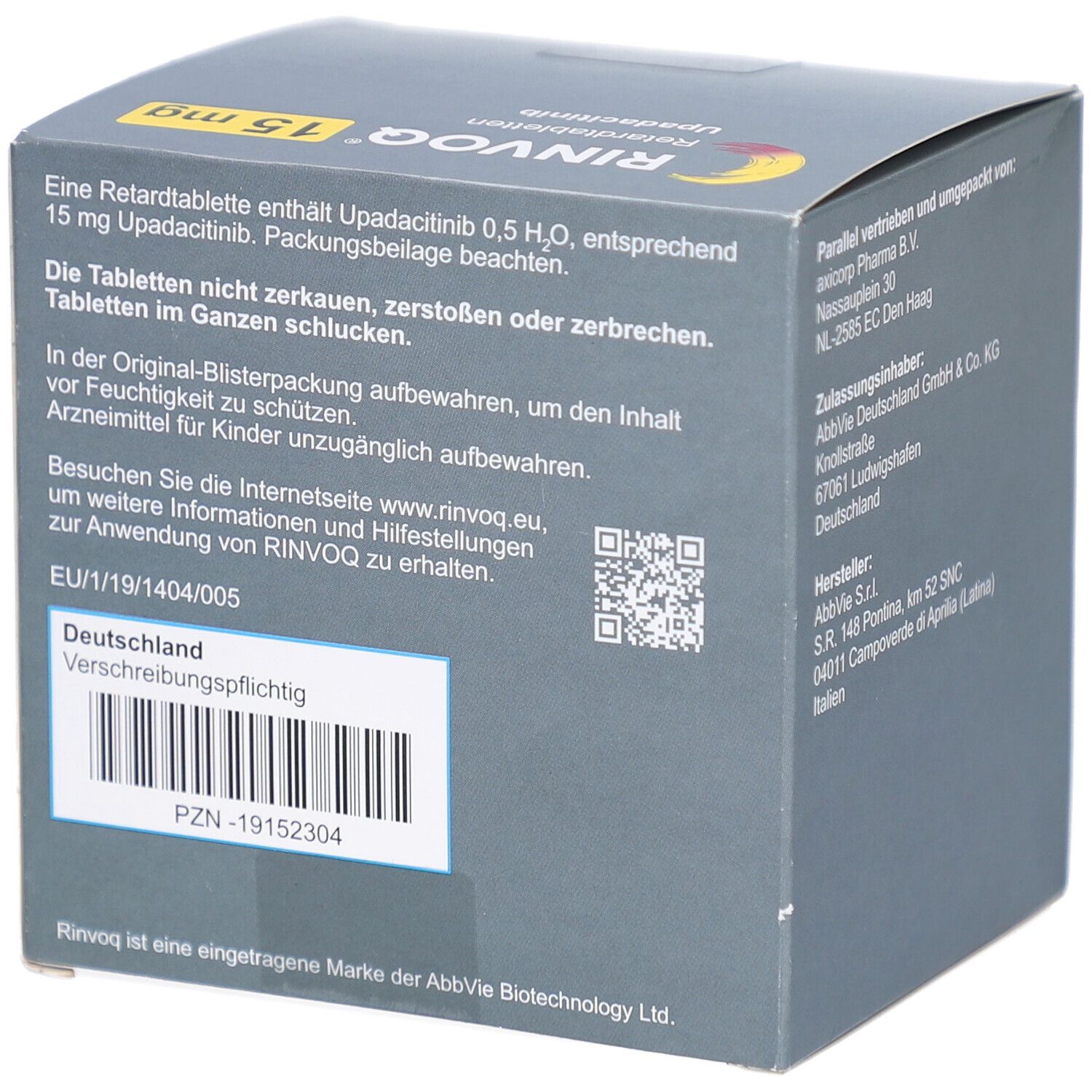 Verpackungsseite von RINVOQ 15 mg Retardtabletten mit Einnahmehinweisen und PZN.