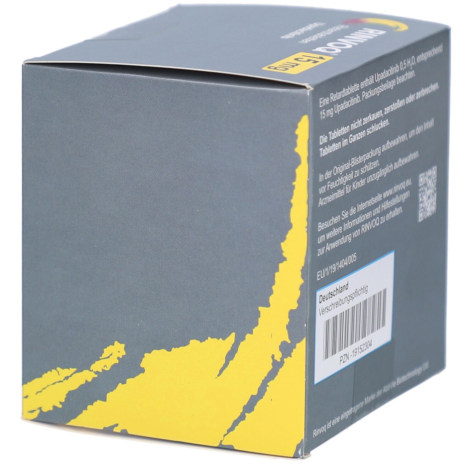 Seitenansicht der RINVOQ 15 mg Retardtabletten-Verpackung mit PZN und Zulassungsinformationen.