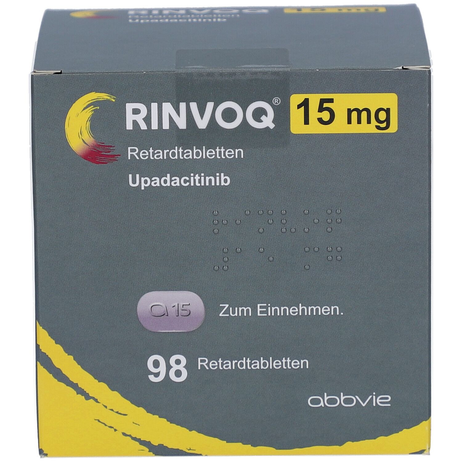 Vorderseite der RINVOQ 15 mg Retardtabletten-Verpackung, zeigt 98 Tabletten und Upadacitinib.