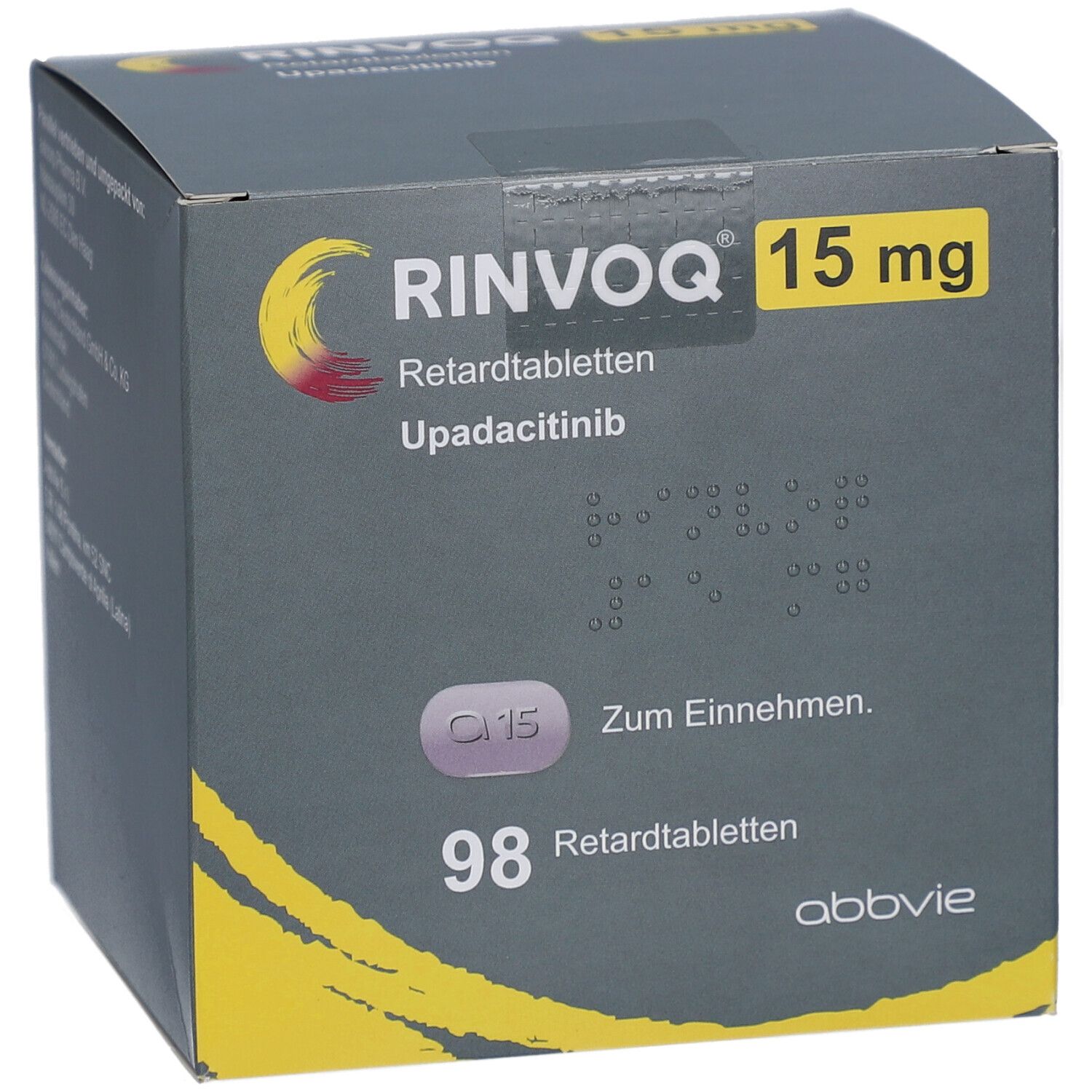 RINVOQ 15 mg Retardtabletten-Verpackung mit 98 Tabletten, Upadacitinib und AbbVie-Logo.