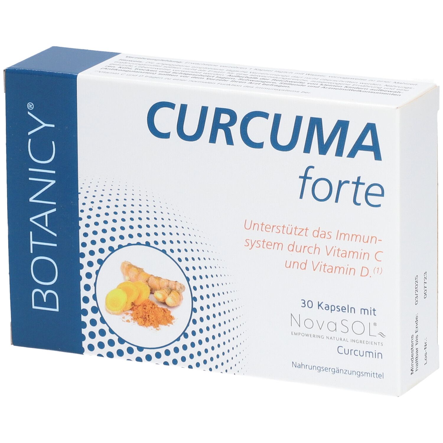 Weiße Schachtel mit "CURCUMA forte" und Produktabbildung. Enthält 30 Kapseln.