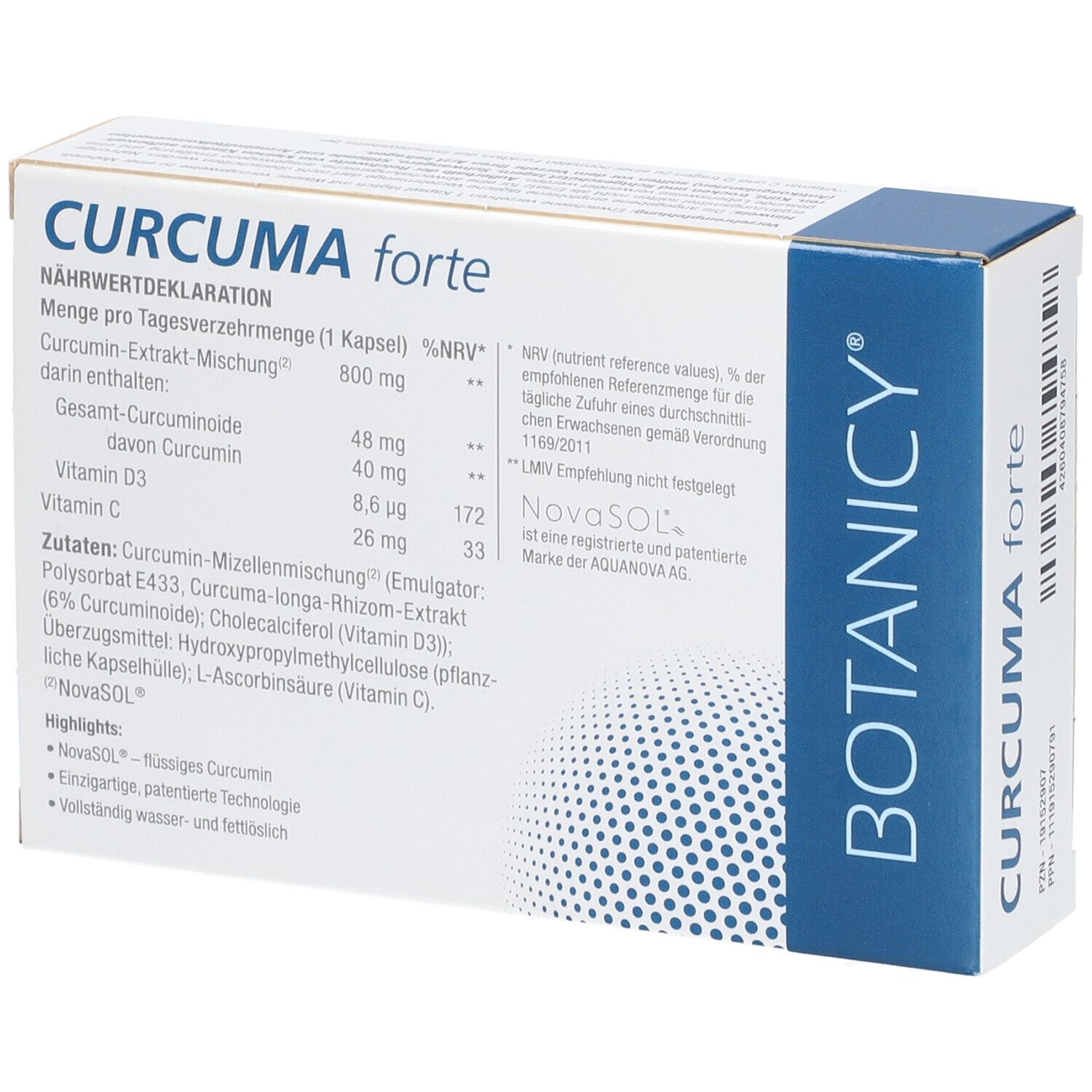 Rückseite der Schachtel mit Nährwertdeklaration. Enthält Informationen zu Inhaltsstoffen.