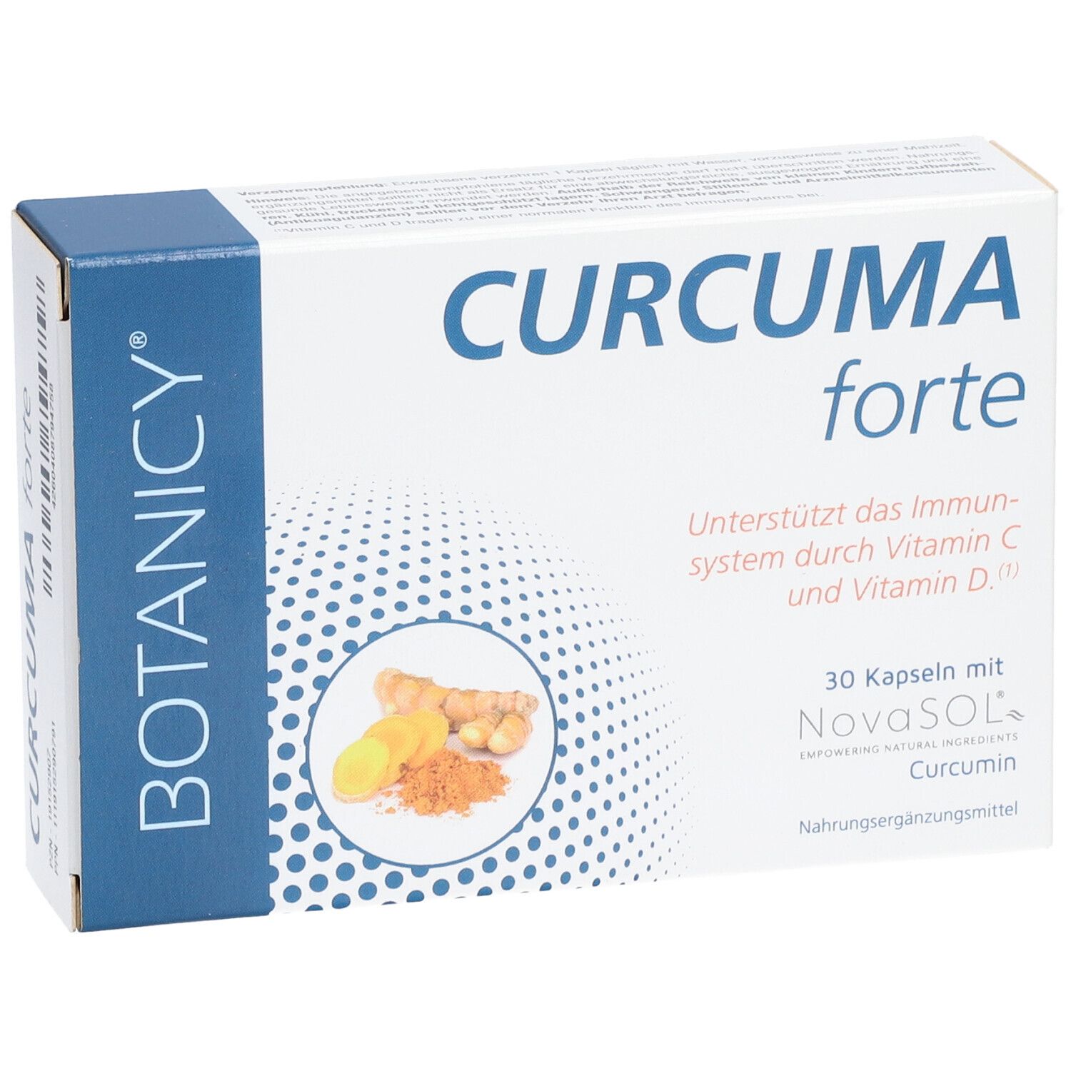 Weiße Schachtel mit "CURCUMA forte" und Produktabbildung. Enthält 30 Kapseln.