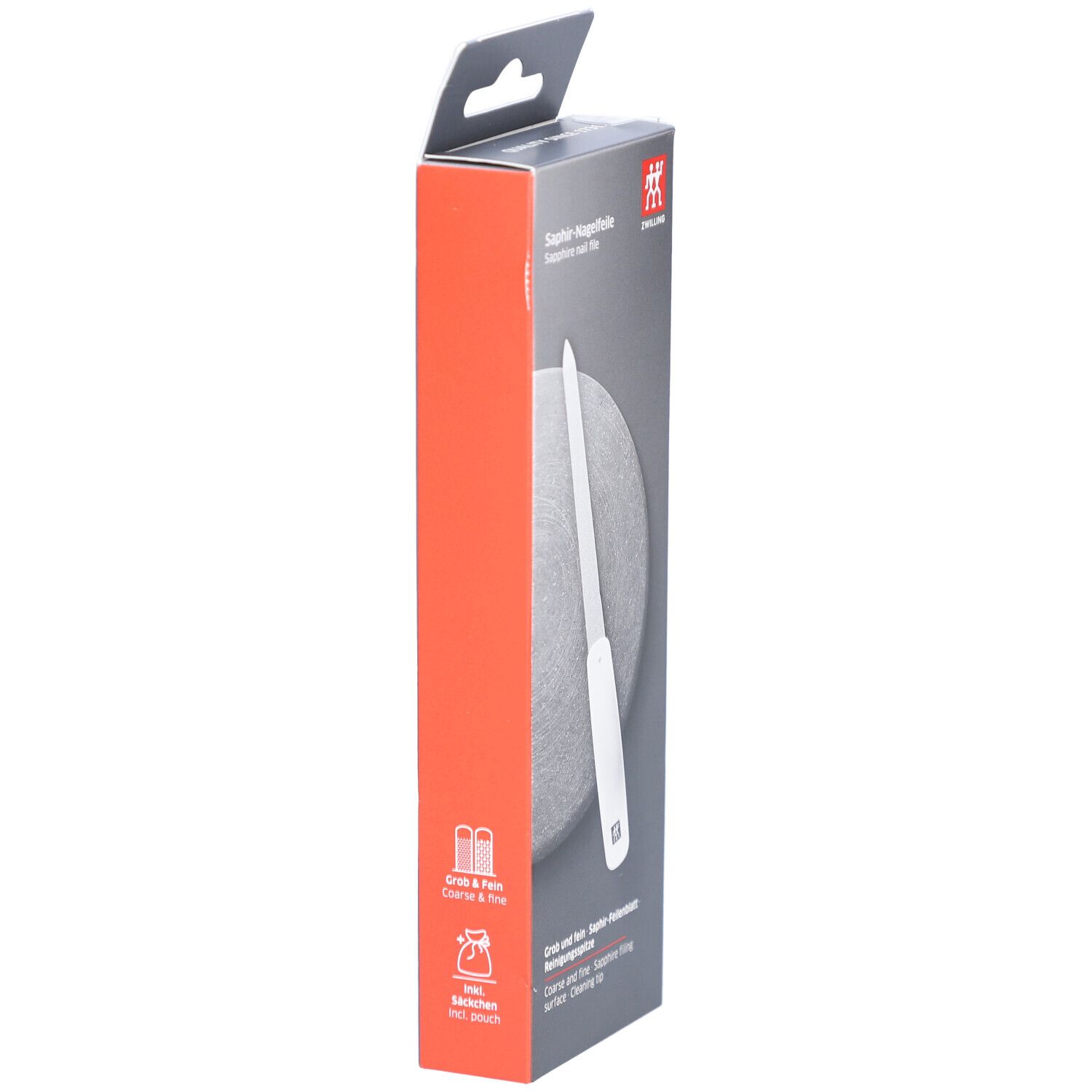 Seitenansicht der Verpackung der ZWILLING Saphir-Nagelfeile. Roter und grauer Karton. Aufschrift: Saphir-Nagelfeile, ZWILLING Logo. Grob und fein.