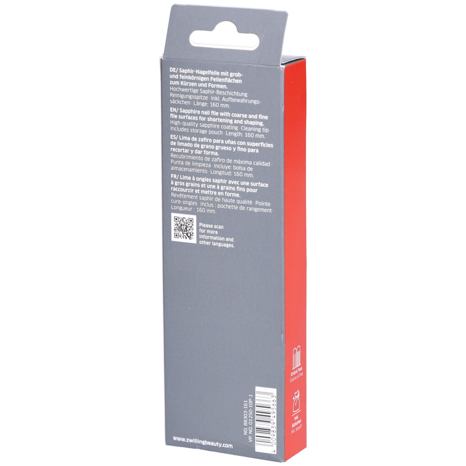 Rückseite der Verpackung der ZWILLING Saphir-Nagelfeile. Text in mehreren Sprachen. QR-Code. Aufschrift: ZWILLING, Informationen.