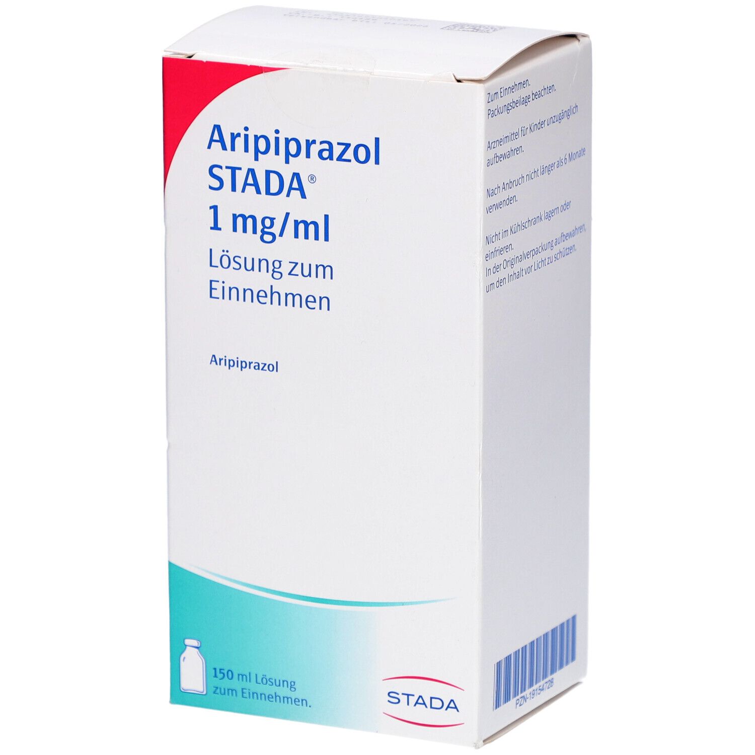 Schachtel mit "Aripiprazol STADA 1 mg/ml Lösung zum Einnehmen". Weiße Verpackung mit roter und türkiser Gestaltung.