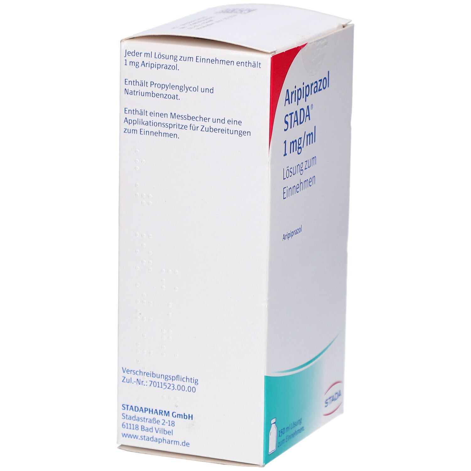Schachtel mit "Aripiprazol STADA 1 mg/ml Lösung zum Einnehmen". Seitenansicht mit Text und Logo.