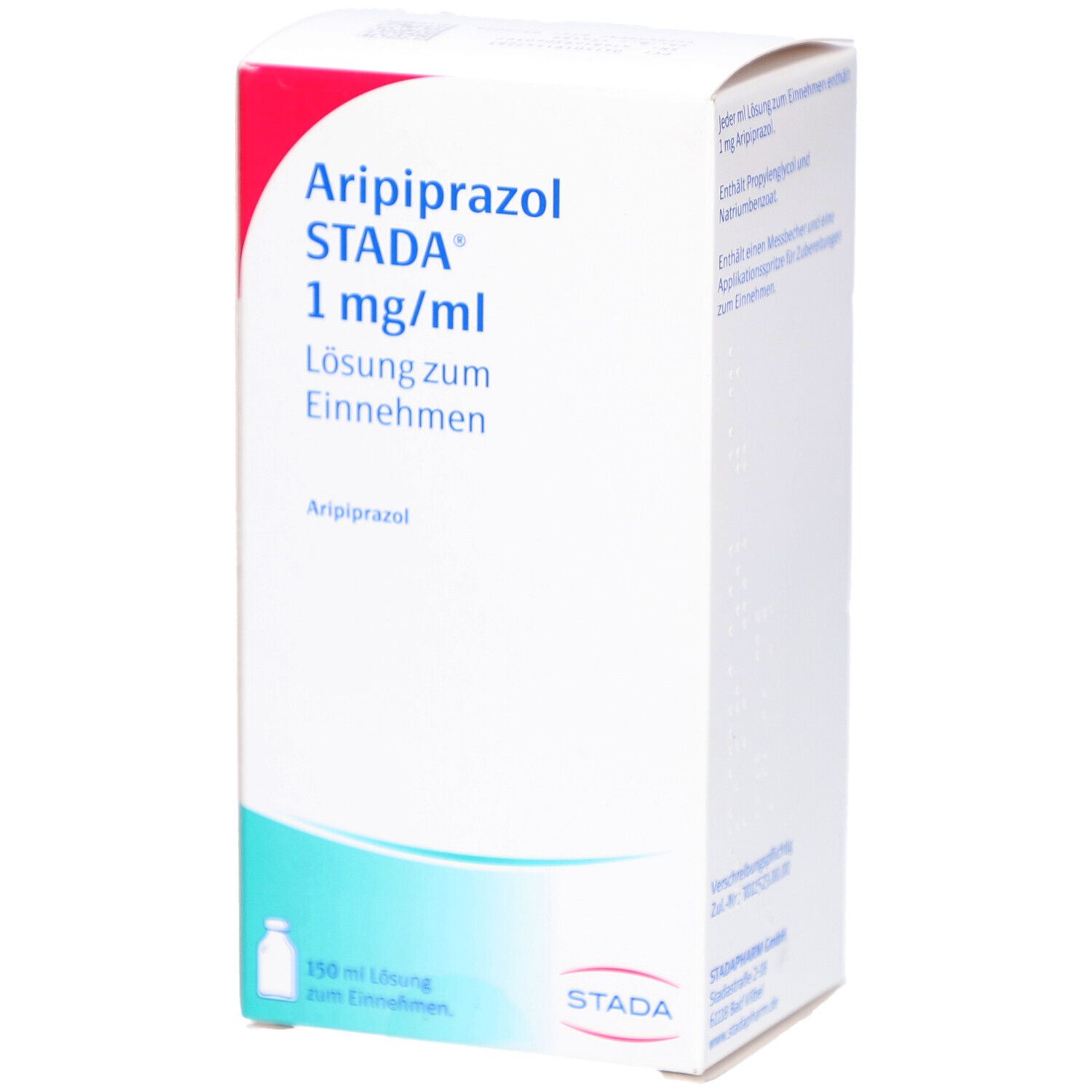 Schachtel mit "Aripiprazol STADA 1 mg/ml Lösung zum Einnehmen". Weiße Verpackung mit roter und türkiser Gestaltung.