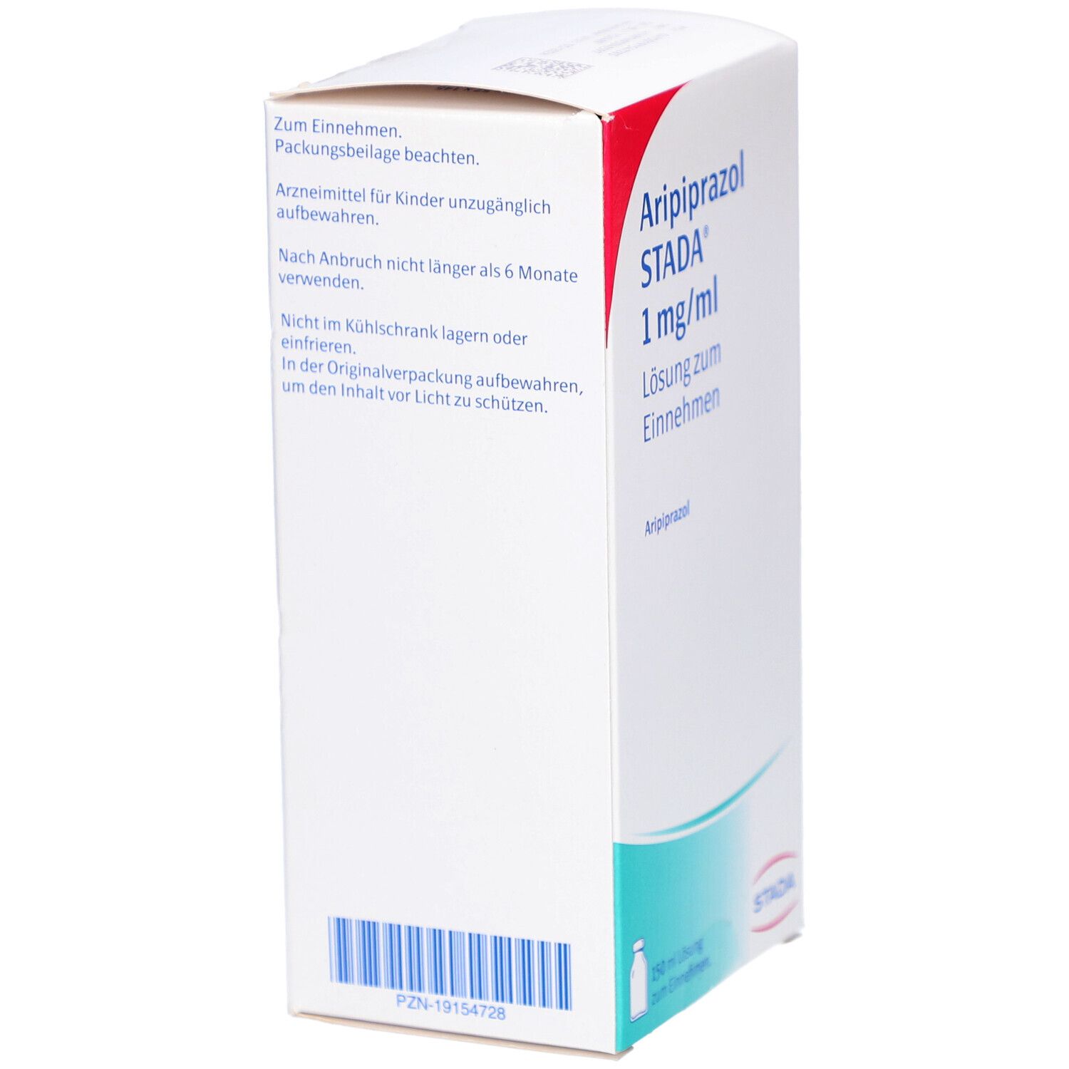 Schachtel mit "Aripiprazol STADA 1 mg/ml Lösung zum Einnehmen". Rückseite mit Text und Barcode.