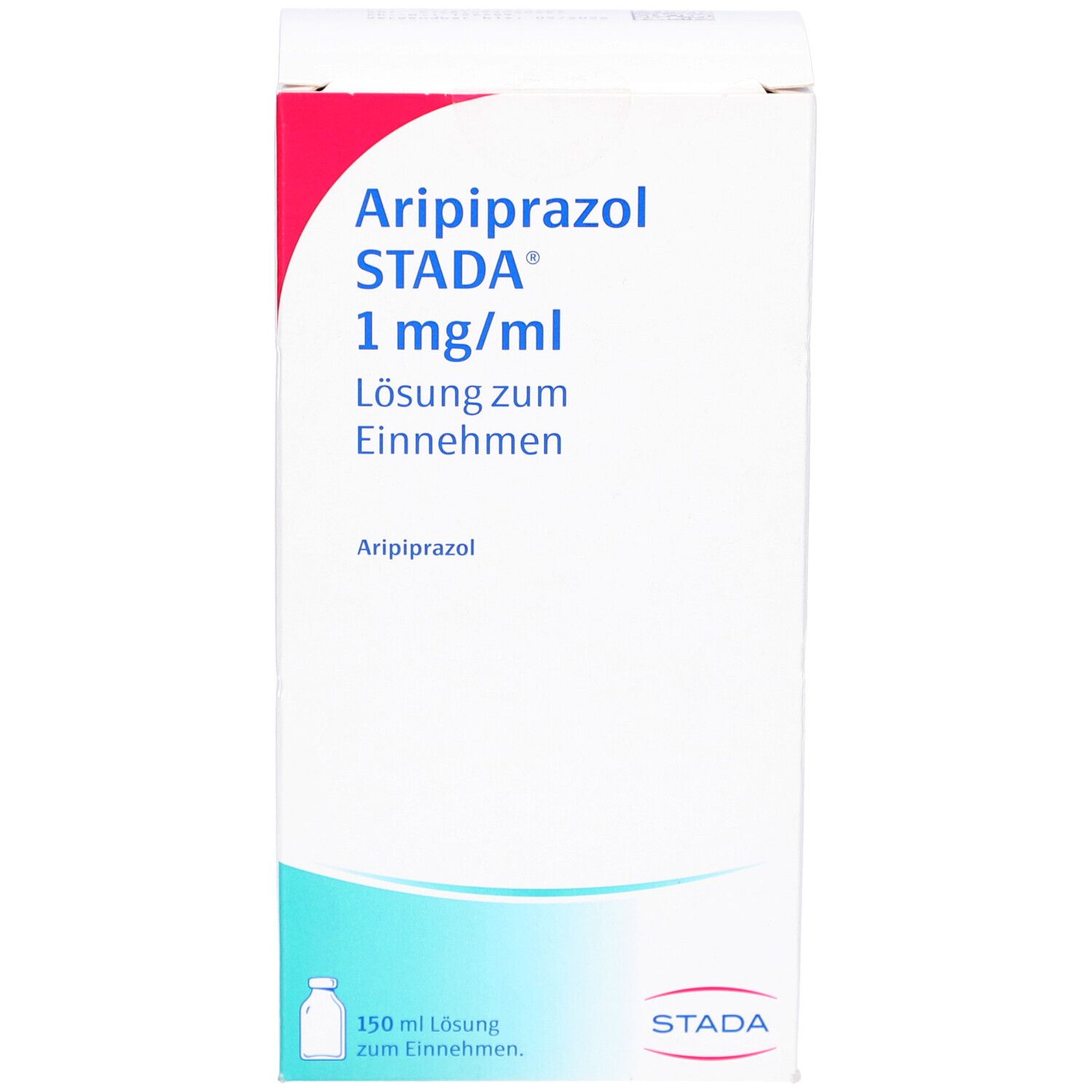 Schachtel mit "Aripiprazol STADA 1 mg/ml Lösung zum Einnehmen". Weiße Verpackung mit roter und türkiser Gestaltung.