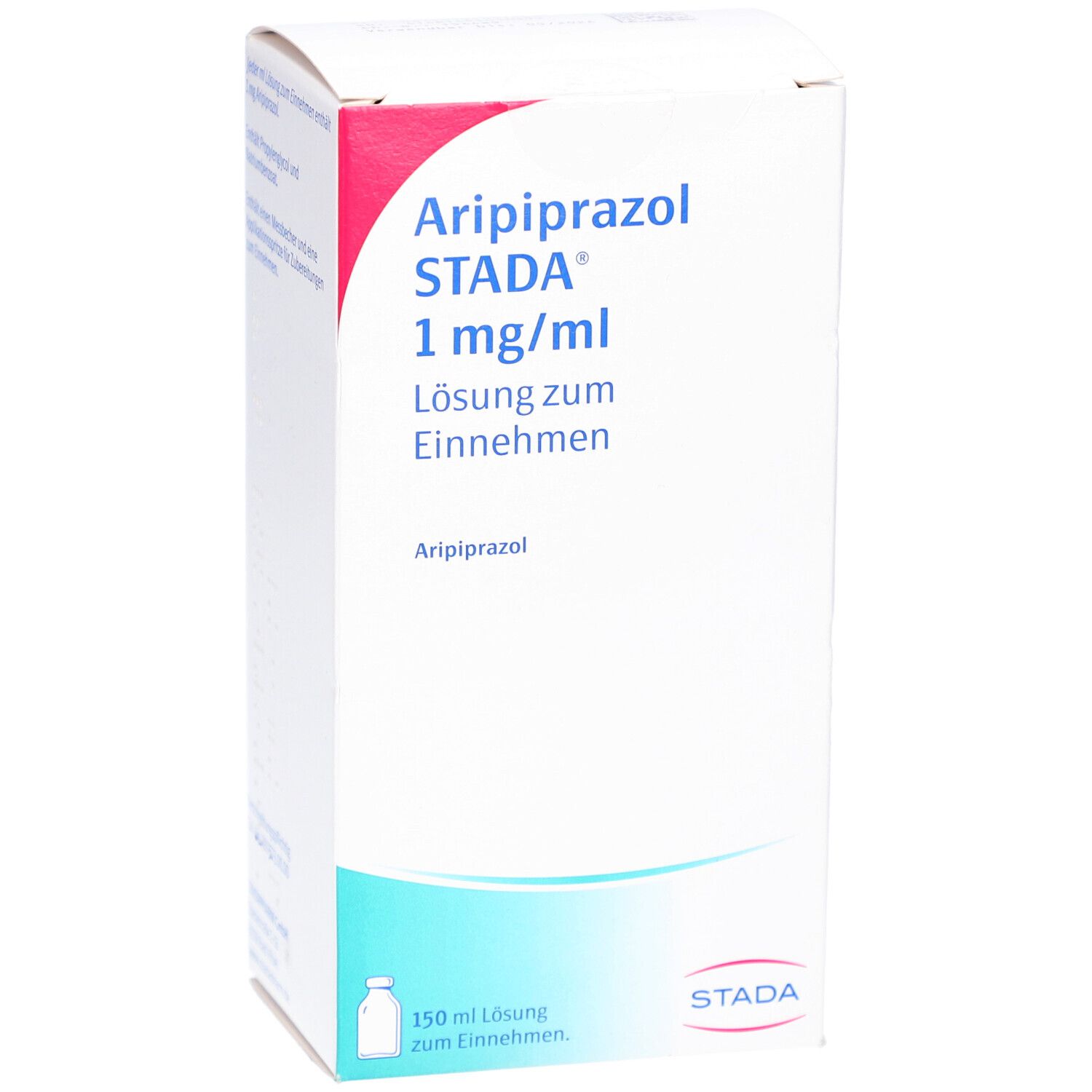 Schachtel mit "Aripiprazol STADA 1 mg/ml Lösung zum Einnehmen". Weiße Verpackung mit roter und türkiser Gestaltung.