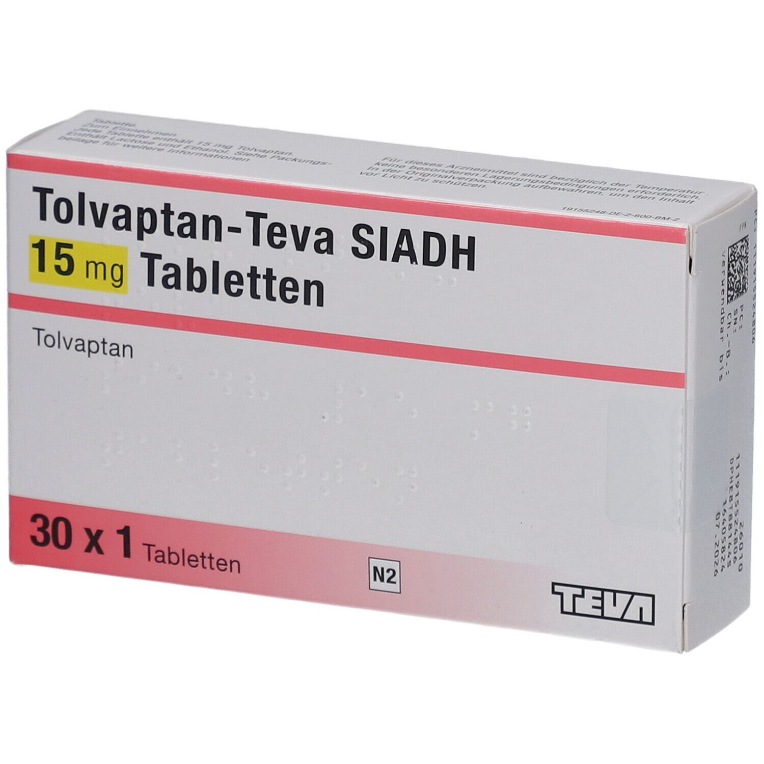 Schachtel mit TOLVAPTAN Teva SIADH 15 mg Tabletten. Aufschrift: 30 x 1 Tabletten. TEVA-Logo.