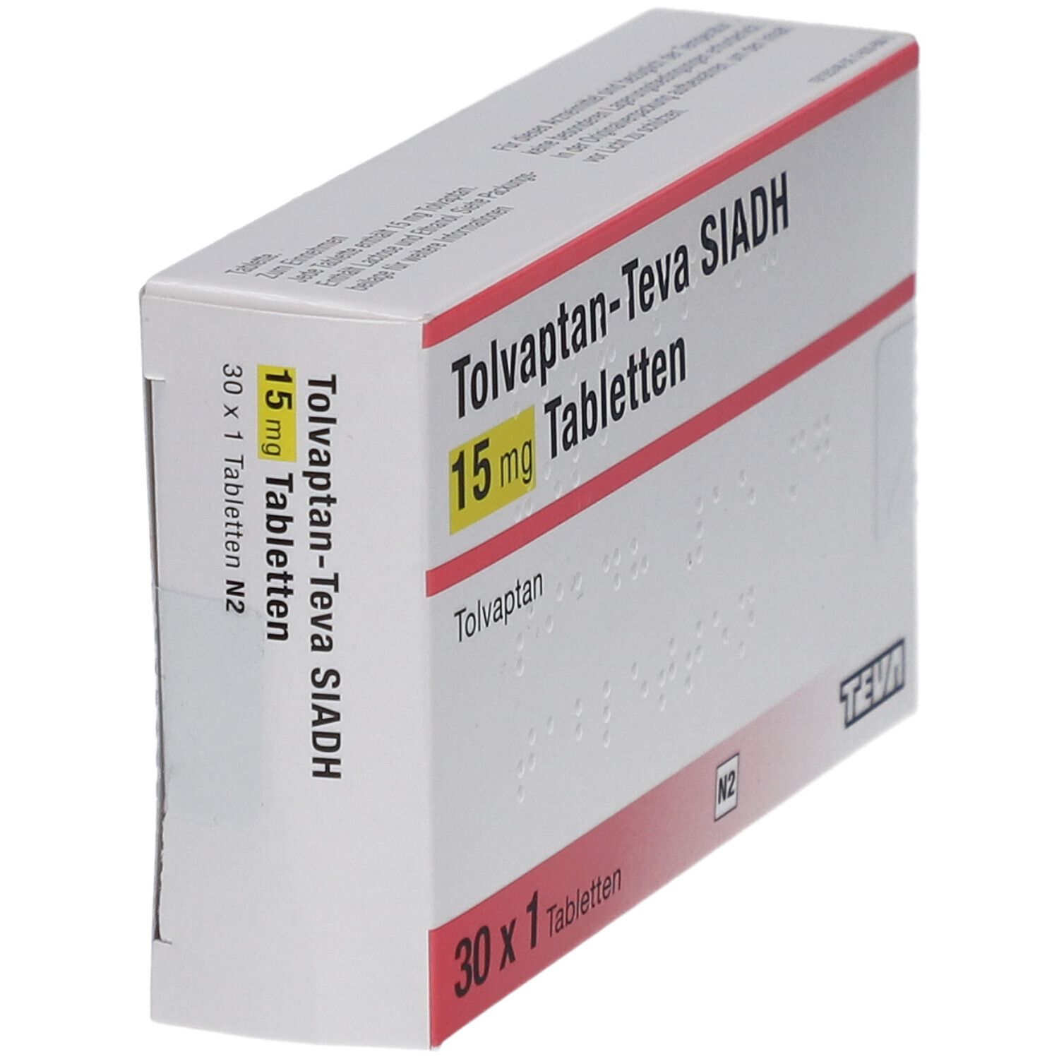 Schachtel mit TOLVAPTAN Teva SIADH 15 mg Tabletten. Aufschrift: 30 x 1 Tabletten. TEVA-Logo. Seitenansicht.