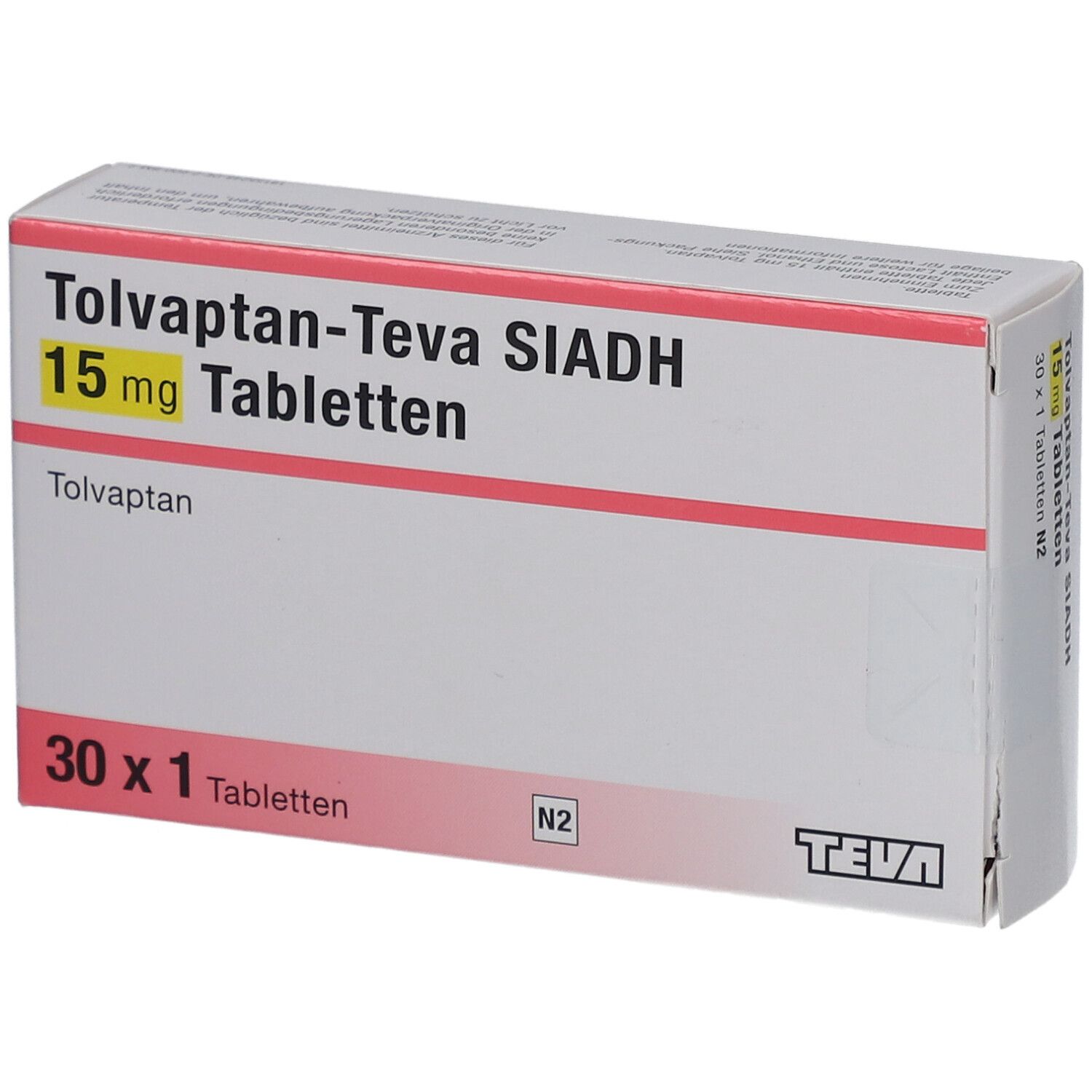 Schachtel mit TOLVAPTAN Teva SIADH 15 mg Tabletten. Aufschrift: 30 x 1 Tabletten. TEVA-Logo.
