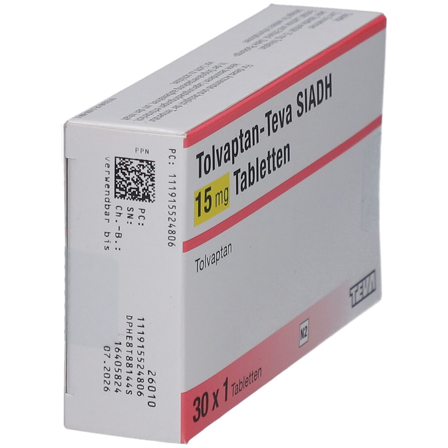 Schachtel mit TOLVAPTAN Teva SIADH 15 mg Tabletten. Aufschrift: 30 x 1 Tabletten. TEVA-Logo. Detailansicht.